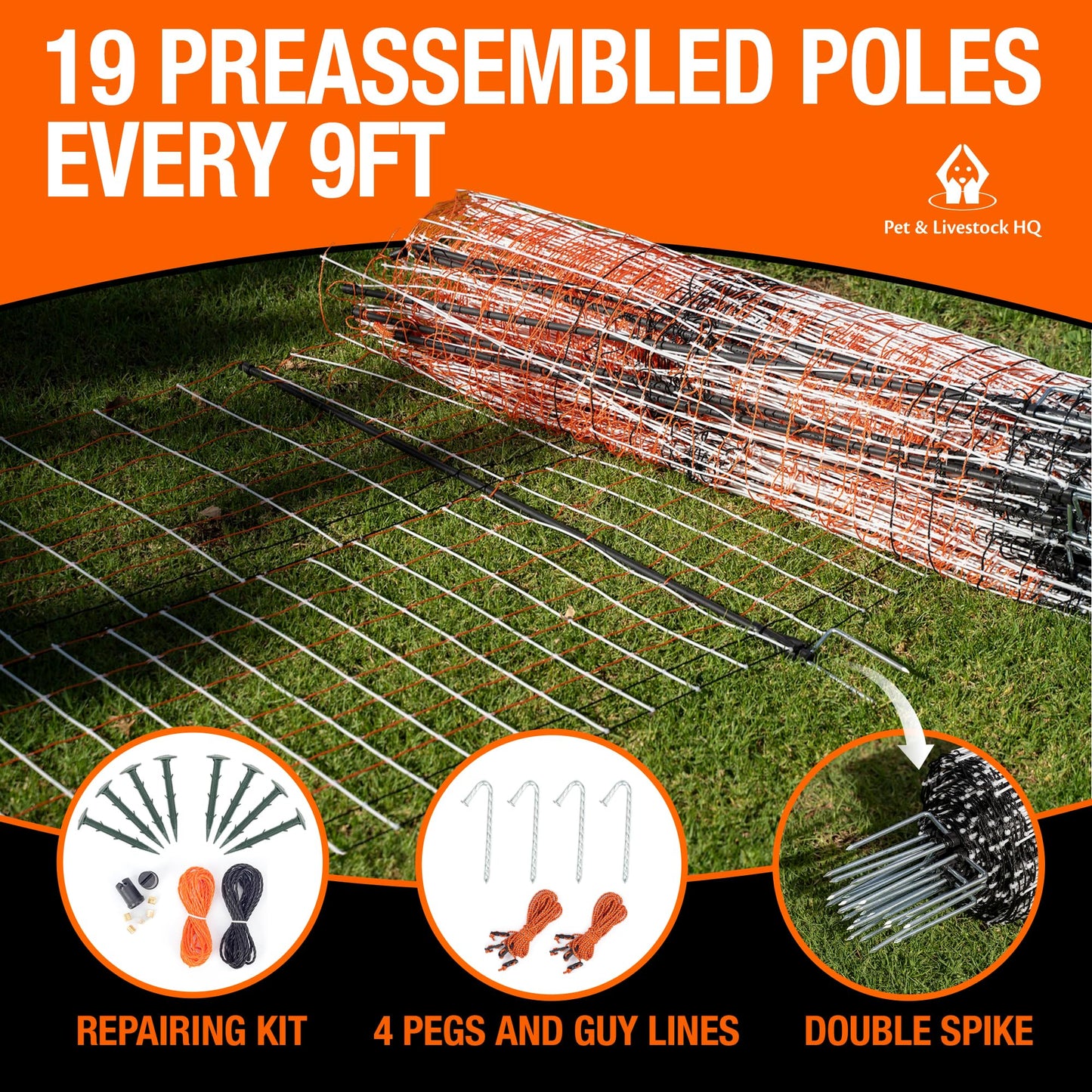 Premium Semi-Rigid Electric Poultry Netting Fence 48" x 164' - Portable Pre-Assembled Electric Fencing for Chicken Sheep Goats (19 Posts, 2 Spikes)