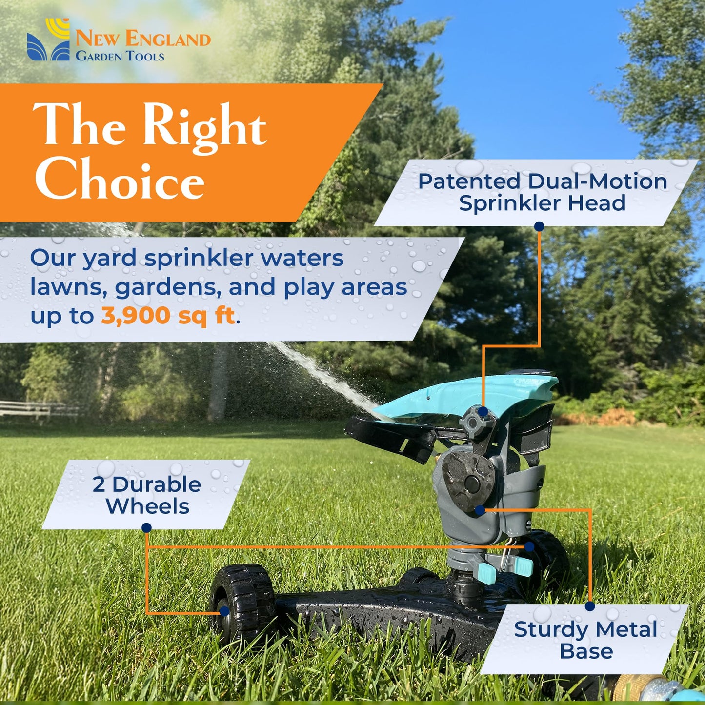 All-new Pulsating Lawn Sprinkler 300011, Impact Sprinkler w/ 70 ft Reach, 360ยฐ Range Gear & Pulsating Mechanism, 3,900 sq ft Lawn & Garden Watering, Metal Base w/Wheels, by New England Garden Tools