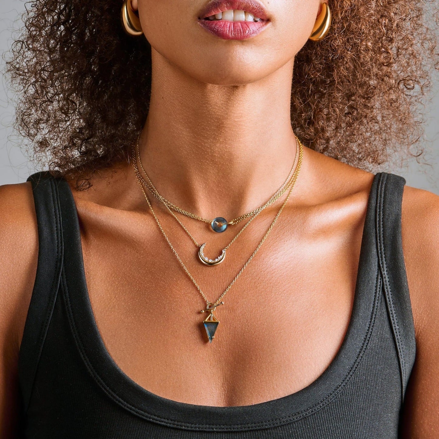 Moon Magic Labradorite Necklace - Heroine T Lock / 925 Sterling Silver - 18k Yellow Gold Black Stone Necklaces for Women/Authentic Crystal Jewelry