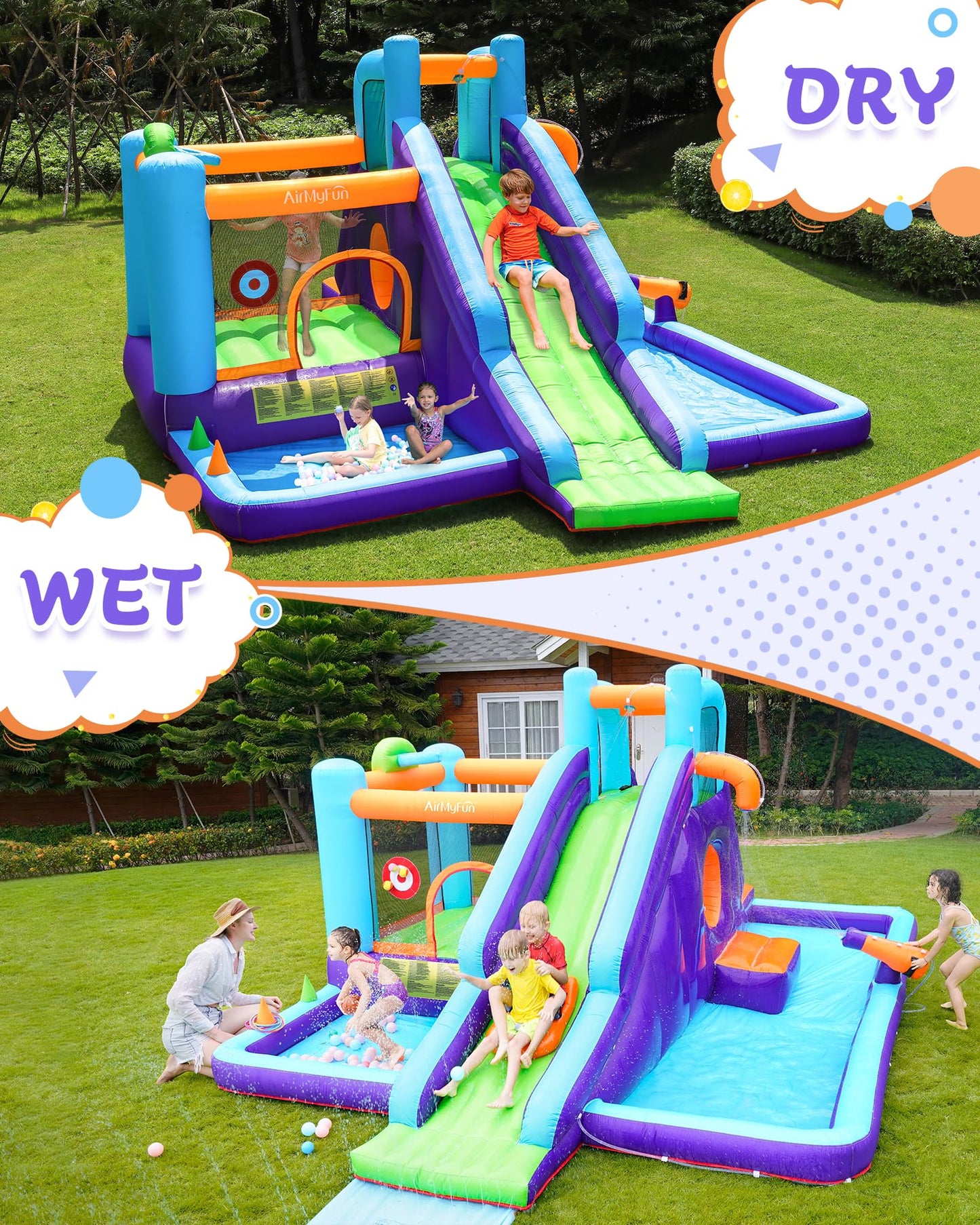 AirMyFun Inflatable Bounce House, Water Bounce House for Big Kids, Extended Slide Bounce House, 10 in 1 Water Park Dry and Wet Double Use, Jumping Castle with 750 Blower