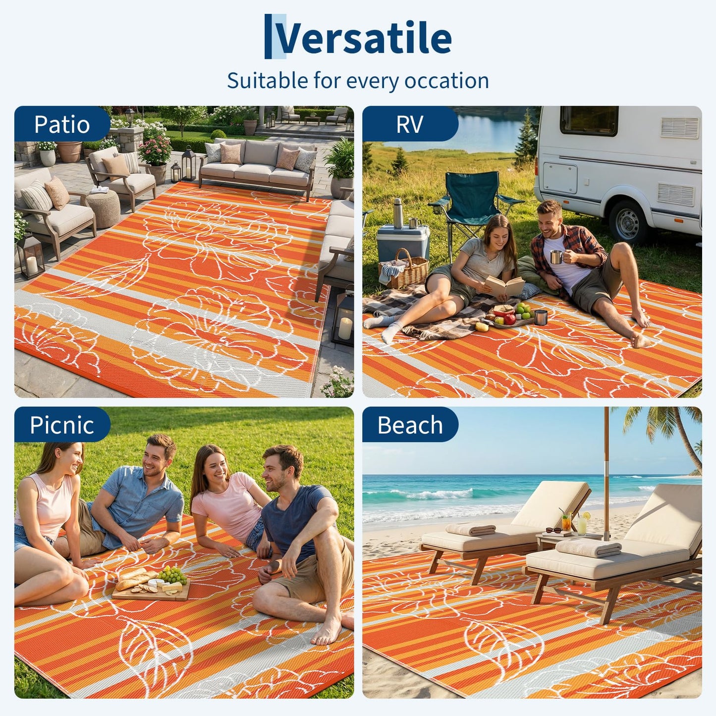 Garvee 6x9 Outdoor Waterproof Rug, Floral Outdoor Area Rug,Reversible Plastic Straw Patio Rug, Portable Camping Mat for RV, Picnic, Beach, Balcony, Garden & Camping Orange
