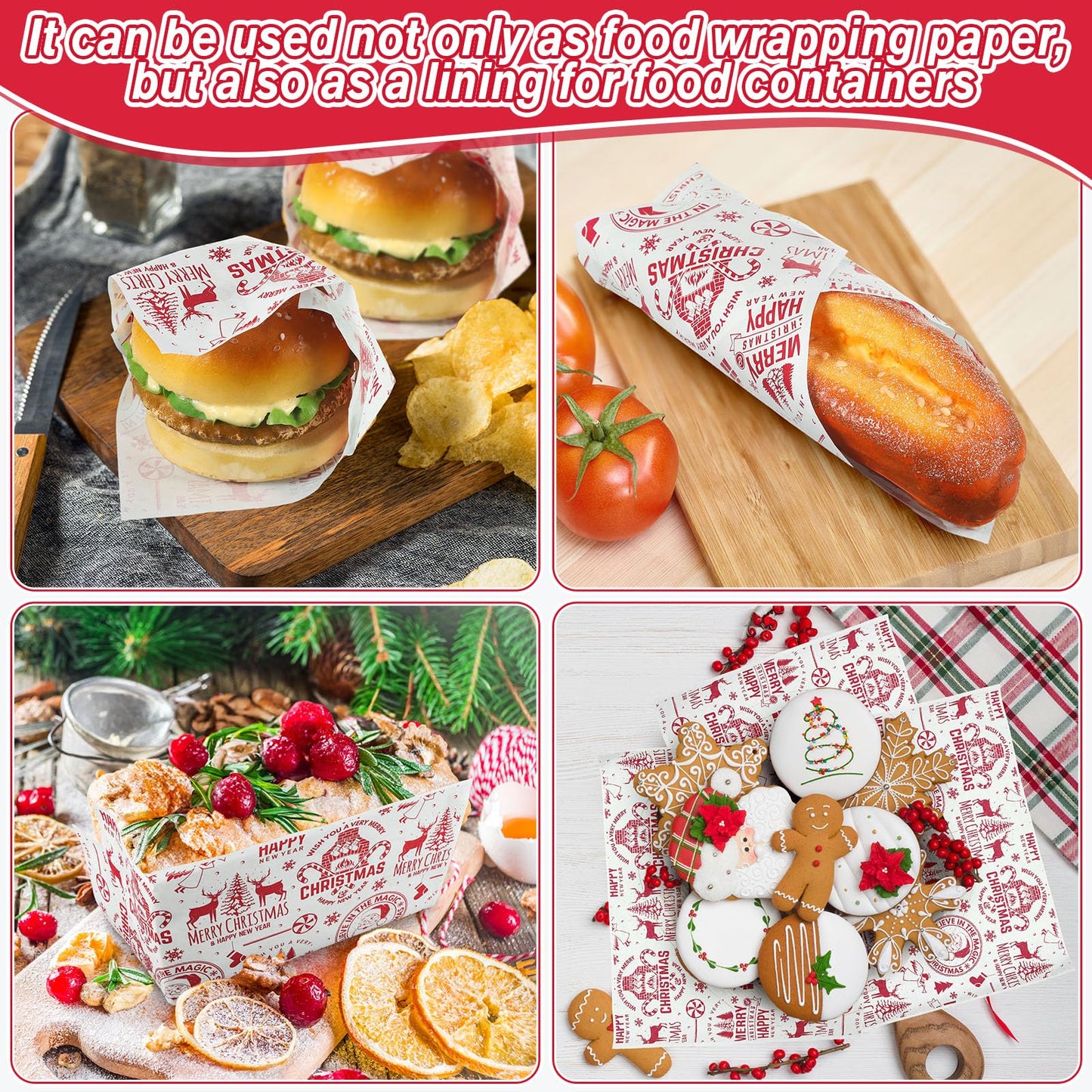 Tenceur 150 Pcs Christmas Wax Paper Sheets Parchment Deli Wraps Tissue Paper Baking Cookies Sandwich Decorative Wax Sheets Food Basket Liner Greaseproof Supplies(Red Reindeer)