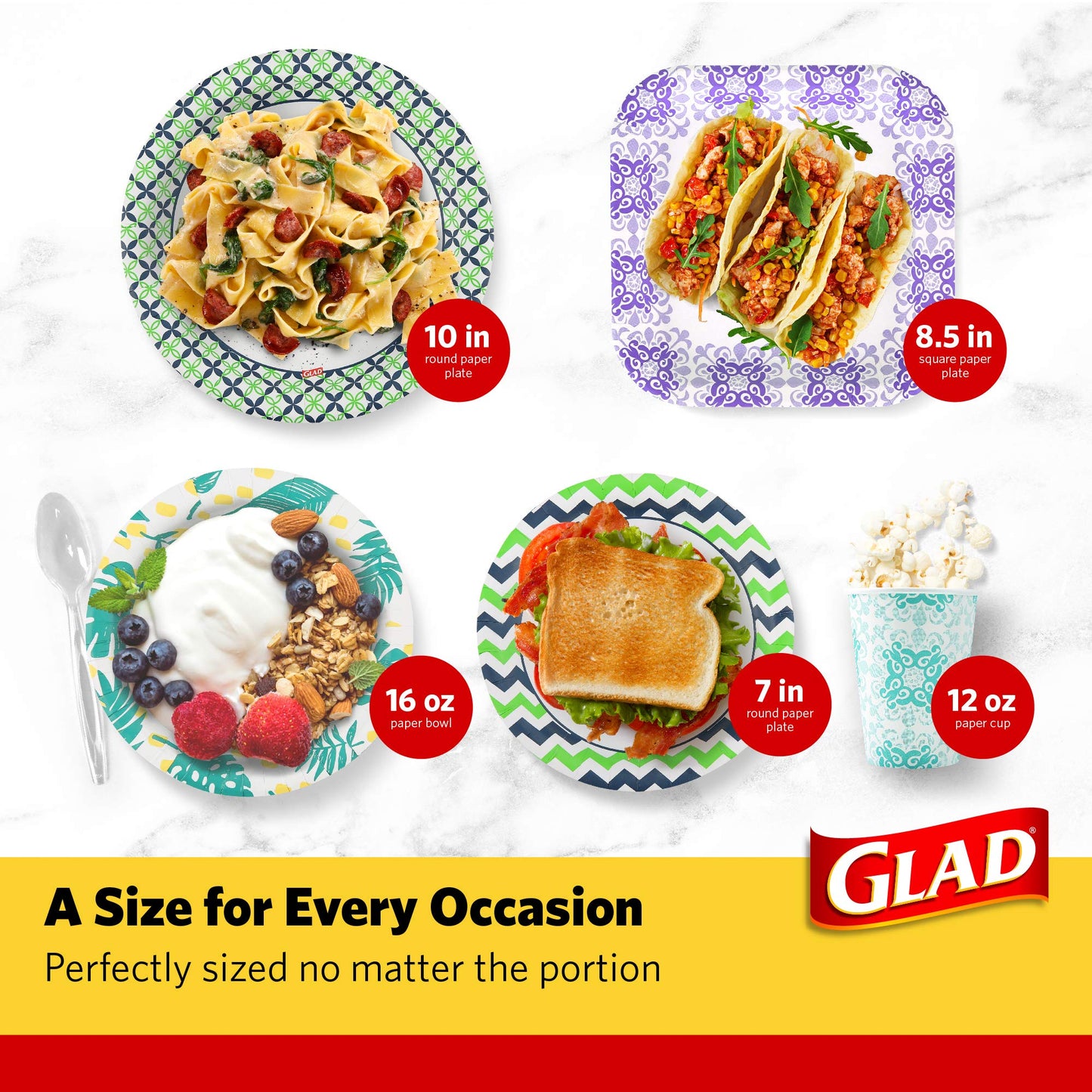 Glad Round Disposable Paper Bowls, Blue Mosaic Design - Heavy Duty, Soak-Proof, Cut-Resistant, Microwavable Paper Bowls for All Foods, Daily Use, and Special Occasions, 16 oz, 50 Count
