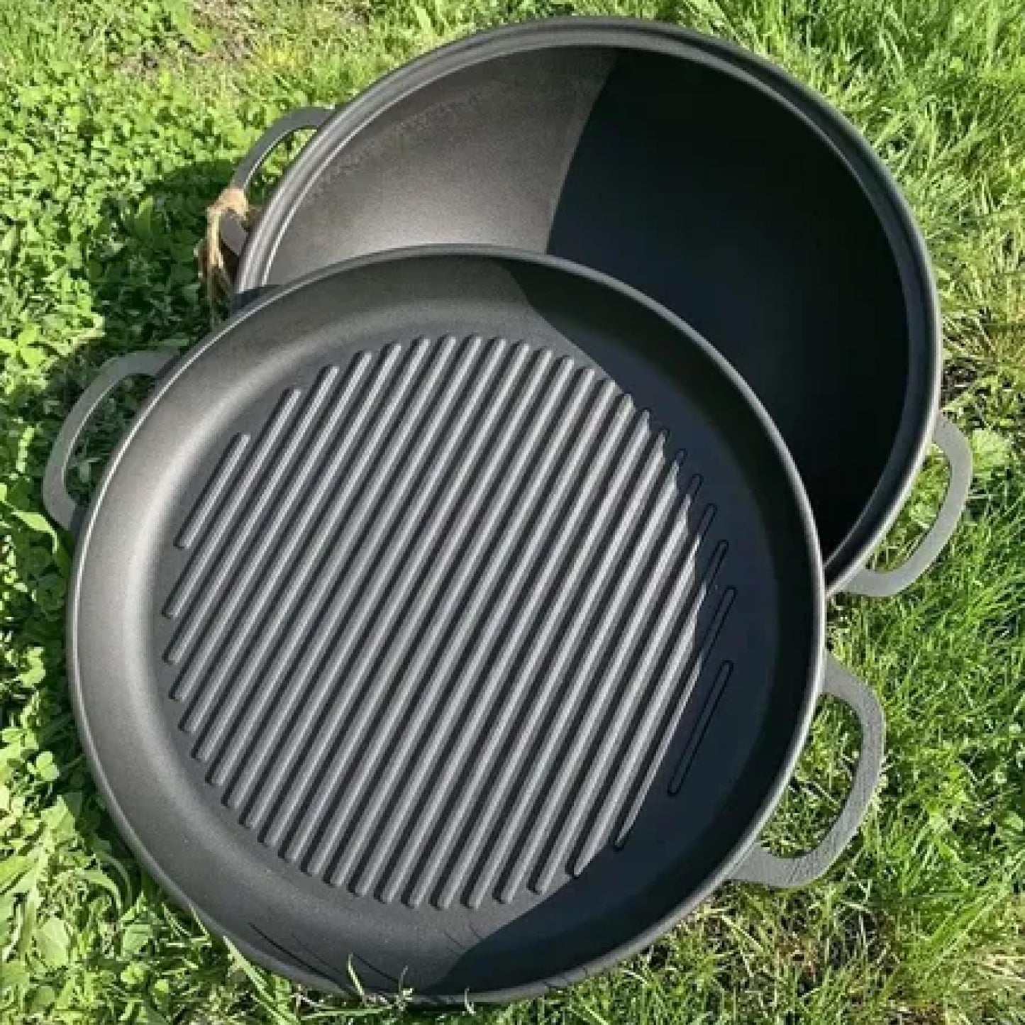 Dutch Oven Pot with Grill Lid (12.5 Quarts (12 L) Frying Pan Lid) – Maysternya Cast Iron Cookware Set – Camping Dutch Oven - Uzbek Kazan – Premium Camping Cookware – 2 in 1 Frying Pan + Cauldron