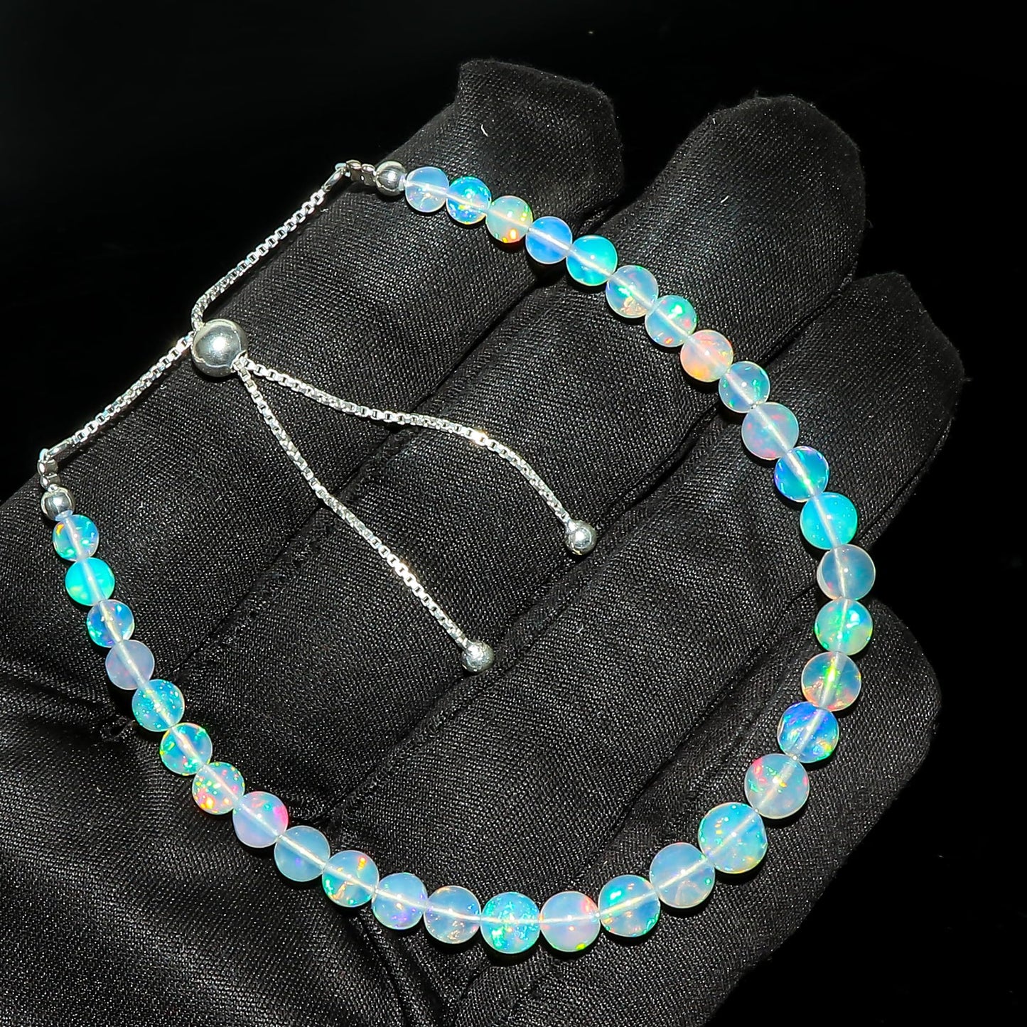 CRYSTALINES Natural Ethiopian Opal Crystal Beaded Bolo Bracelet, Handmade Gemstone Jewelry, Silver Adjustable Clasp, Chakra Healing Stone, October Birthstone, Bohemian Gift for Women (Size-10inch)