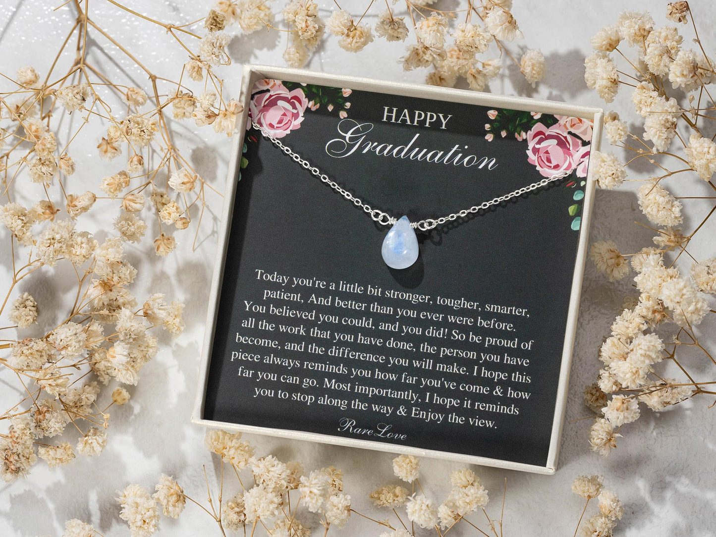 RareLove 2026 Graduation Gifts for Her Happy Graduation Moonstone Necklace Unique Graduation Jewelry 925 Sterling Silver Teardrop Pendant Necklace for Women College Graduation Gifts