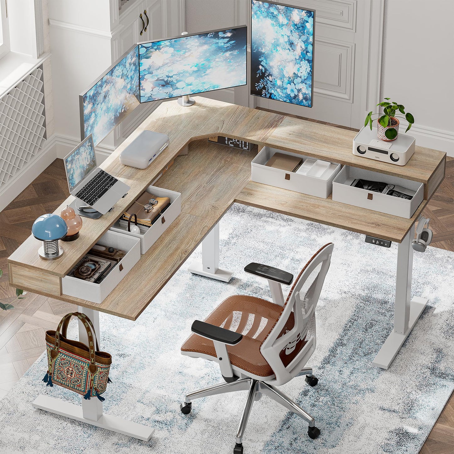 TIQLAB L Shaped 63 x 55 inch Standing Desk Adjustable Height, Electric Corner Standing Desk with 4 Drawers and Upper Shelf, Sit Stand Computer Table with Splice Board, Maple