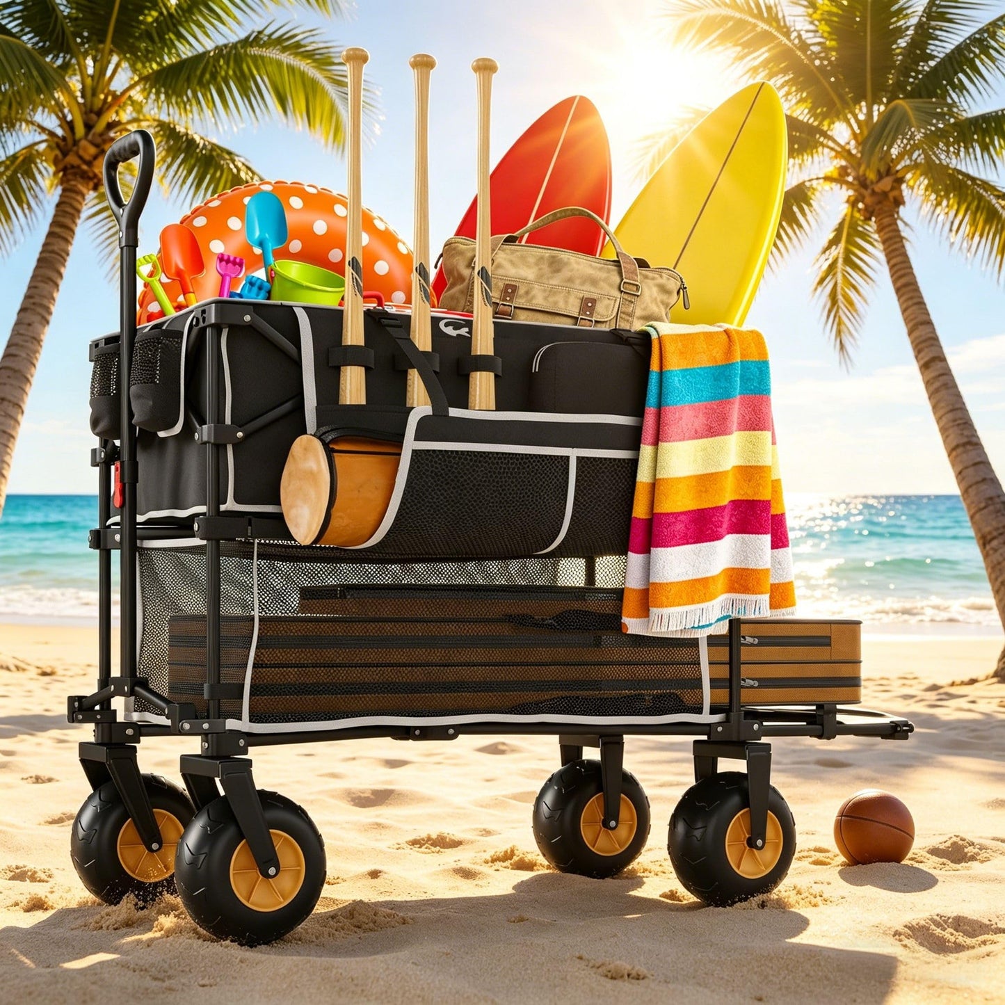 ππ©π π«πππ Beach Wagon with Big Wheels for Sand, Double-Decker, 9" PVC All-Terrain Wheel, 500 lb Load Capacity, Oversized 400L, for Beach, Camping, Garden & Outdoor Sports (Black)