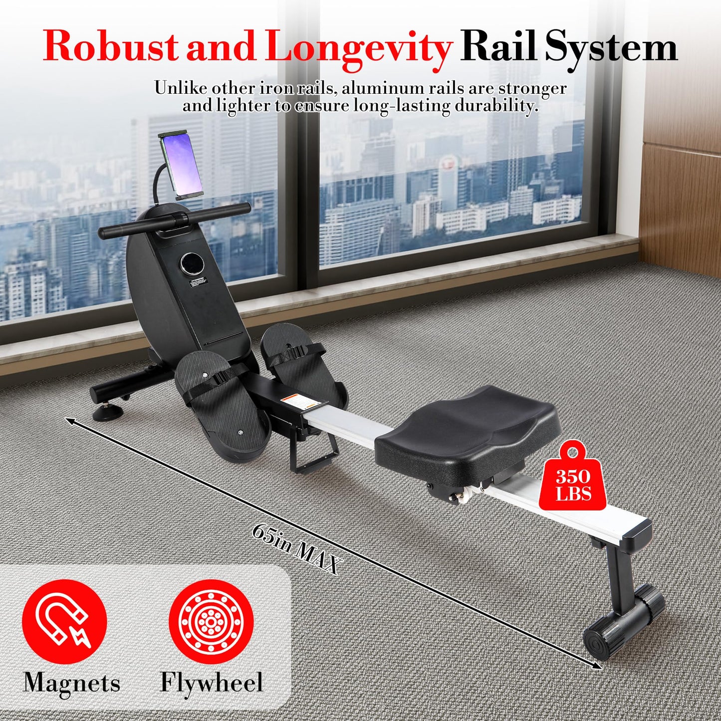 Rowing Machines for Home,Magnetic Rowing Machine with 16 Levels, 350 LB Weight Capacity, Free Snailcle App