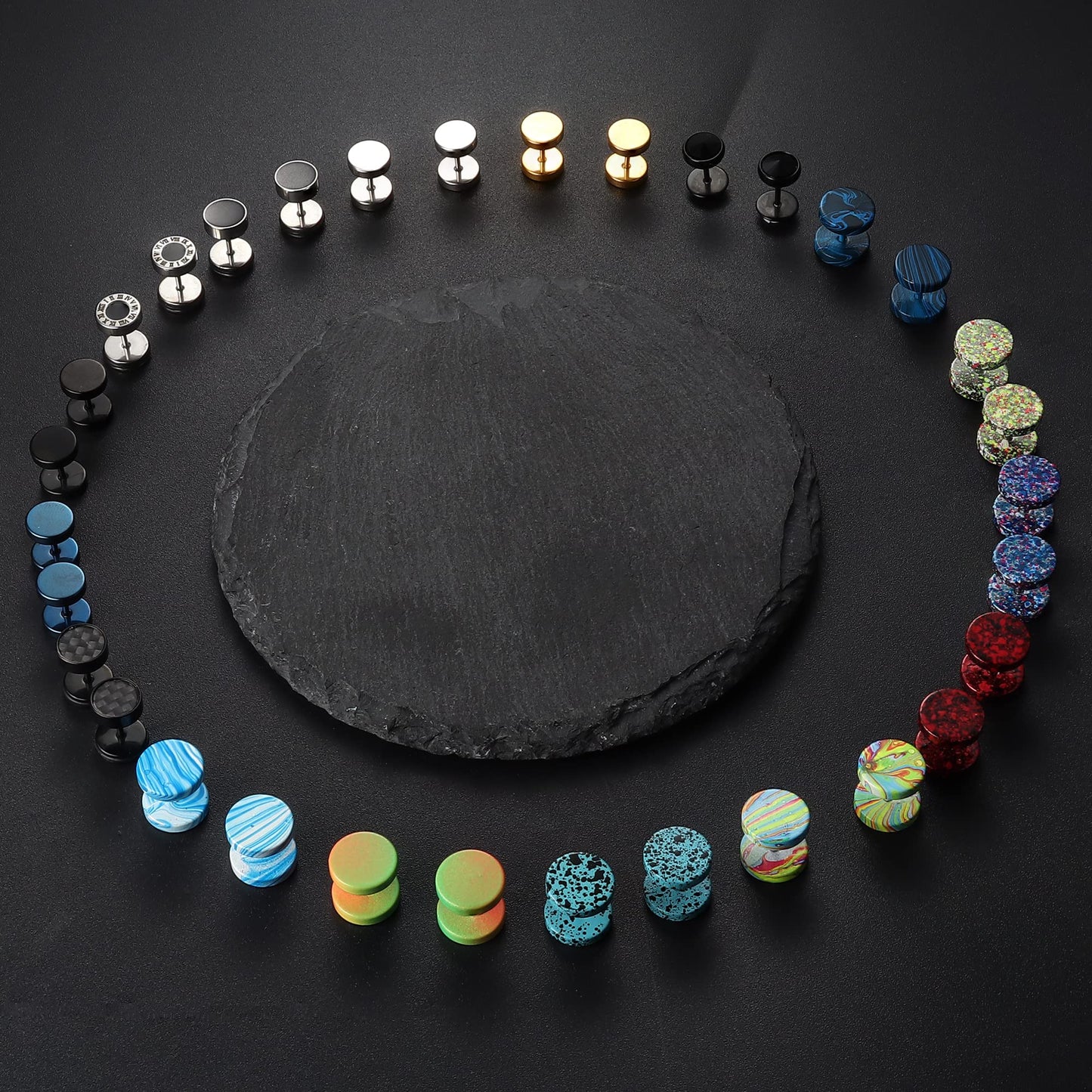 FIBO STEEL 16 Pairs Fake Gauge Earrings for Men Women Stainless Steel Stud Earrings Cheater Ear Plug Faux Gauges Earrings Ear Tunnel