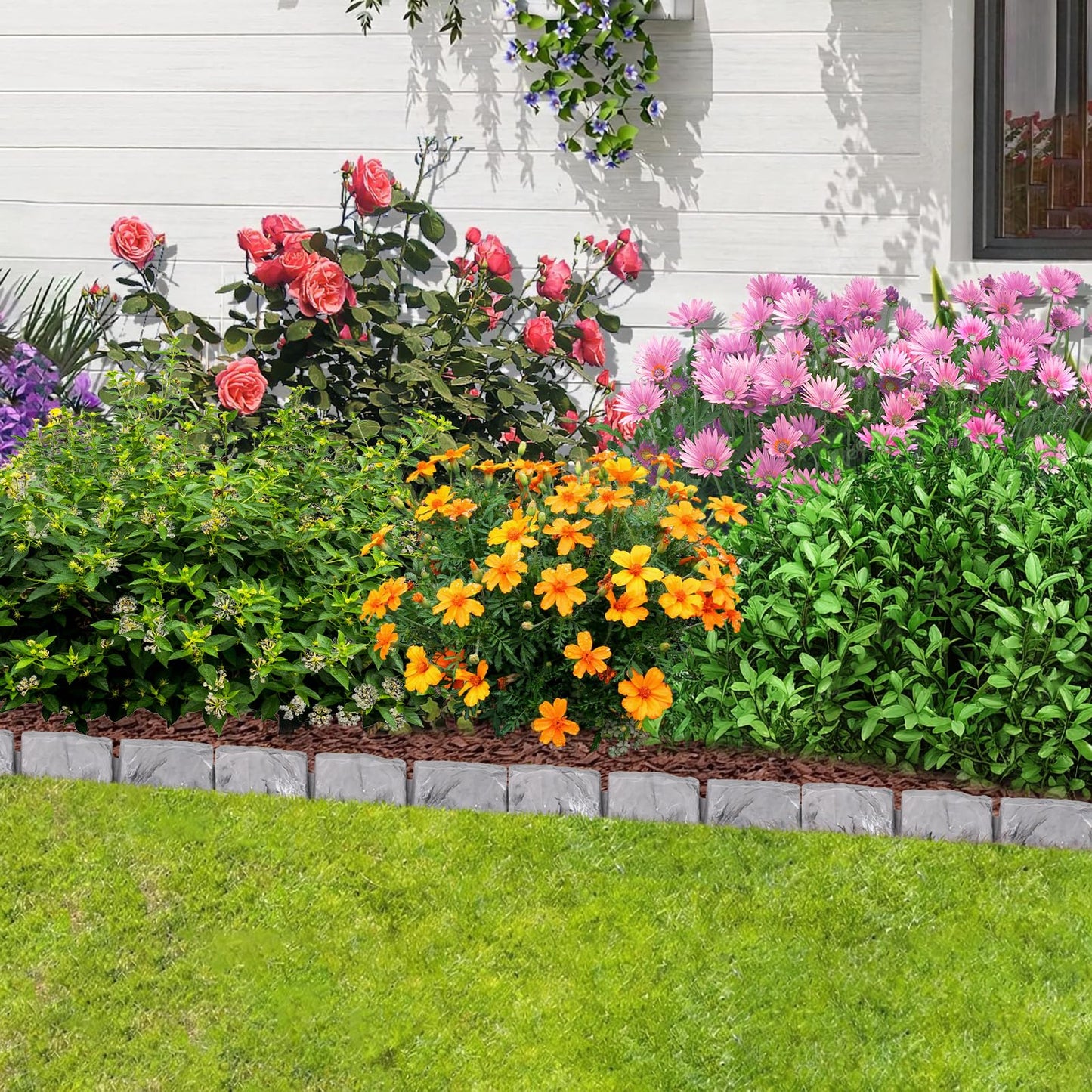 Landscape Edging Faux Stone Garden Edging Border,17FT x 2.75 in Tall Decorative Stone-Look Garden Border for Flower Bed Edging,Lawn,Landscaped Yard,Trees and Gardens,with Anchoring Spikes,Gray