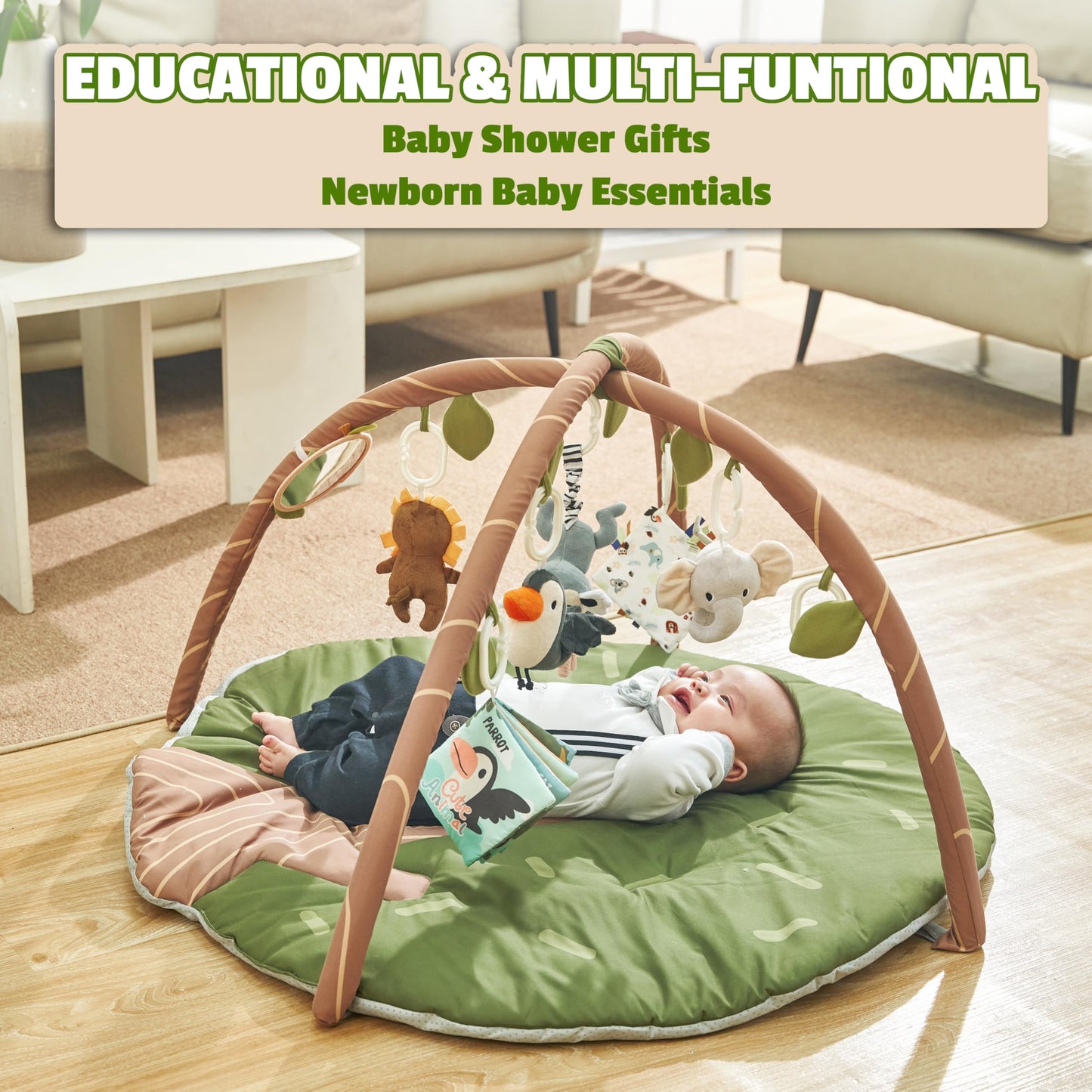 Baby Activity Gym & Play Mat β 8-in-1 Tummy Time Mat with Self-Discovery Mirror & Detachable Sensory Toys β Thick Non-Slip Washable Baby Play Gym for Infants Newborn 0 3 6 12 Months