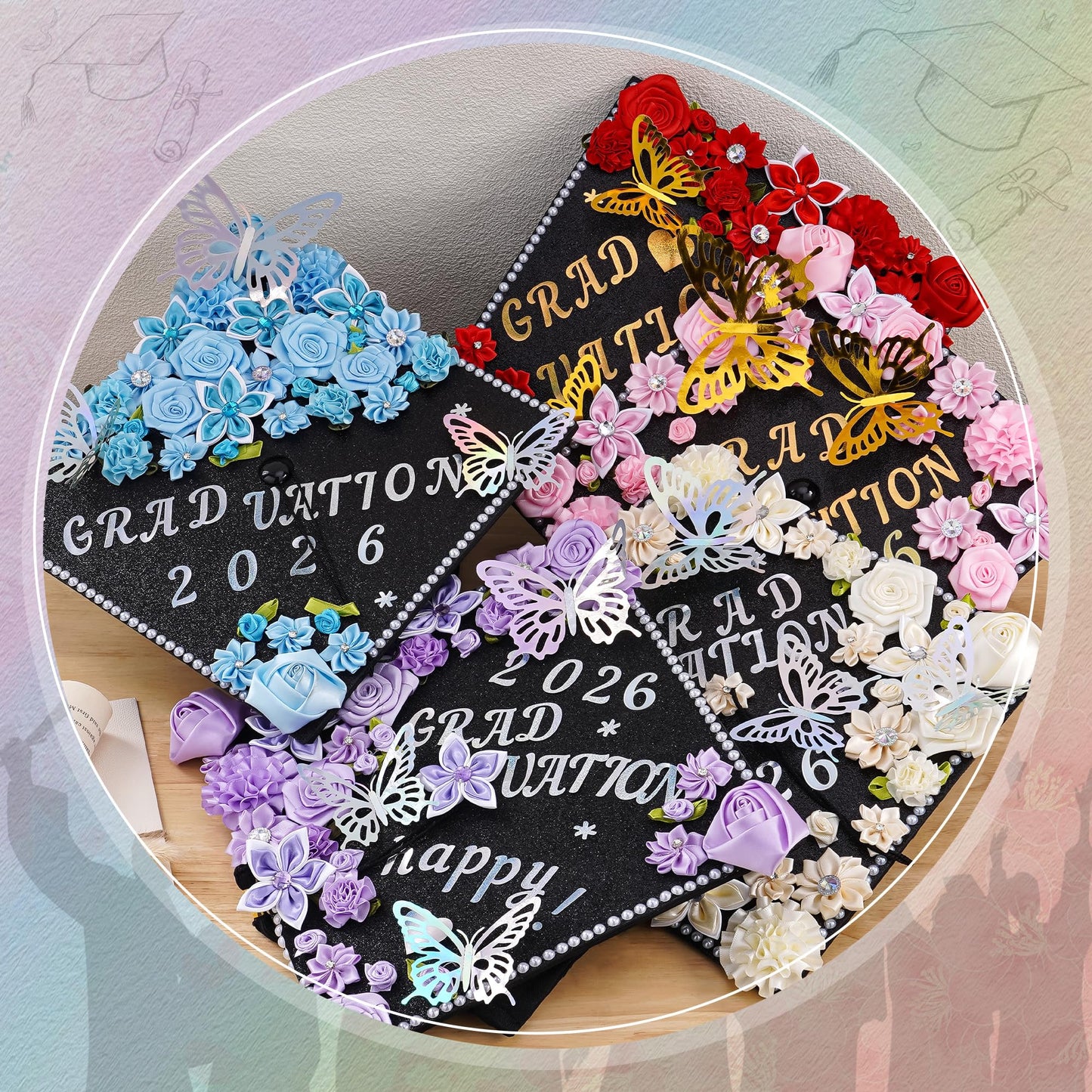 VISSTREE DIY Graduation Cap Decoration, 56 Pcs Cap Decorations for Graduation Kit 2026 DIY Grad Cap Graduation Gift with Red Paper Flowers 3D Glitter Butterfly Custom Number Letter Stickers Decor