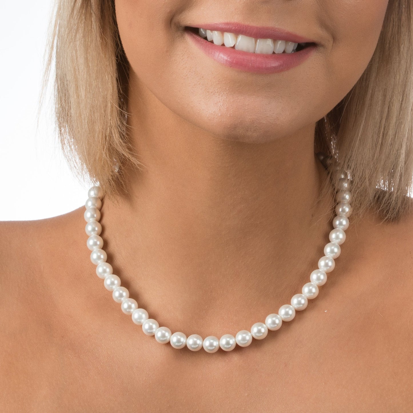 PAVOI 925 Sterling Silver Round White Simulated Shell Pearl Necklace Strand | Pearl Choker Necklace | Jewelry for Women - 16" Length (8mm)