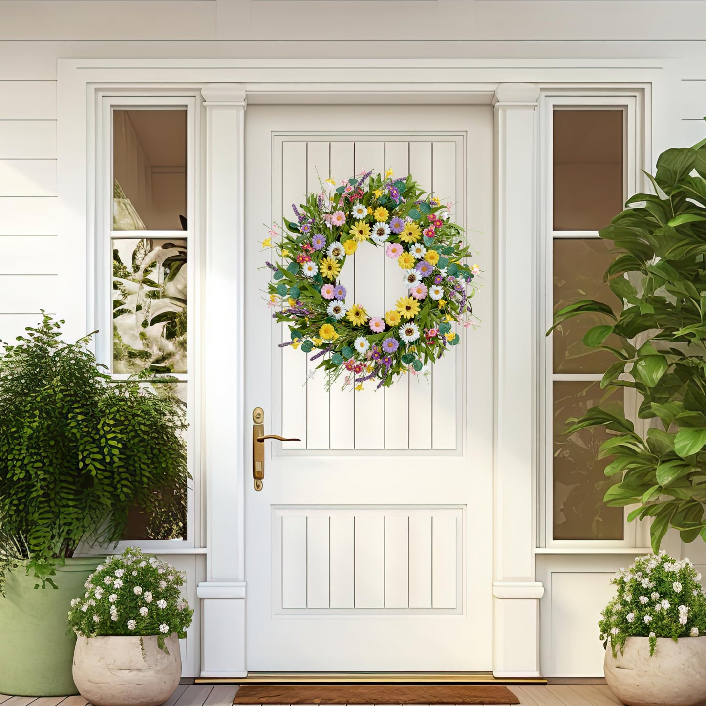 MAINGKAUNG Spring Wreath 22 Inch Artificial Summer Wreath with Yellow Daisy Flowers Green Eucalyptus Leaves Lavender Spring Wreaths for Front Door Home Farmhouse Porch Wall Easter Festival