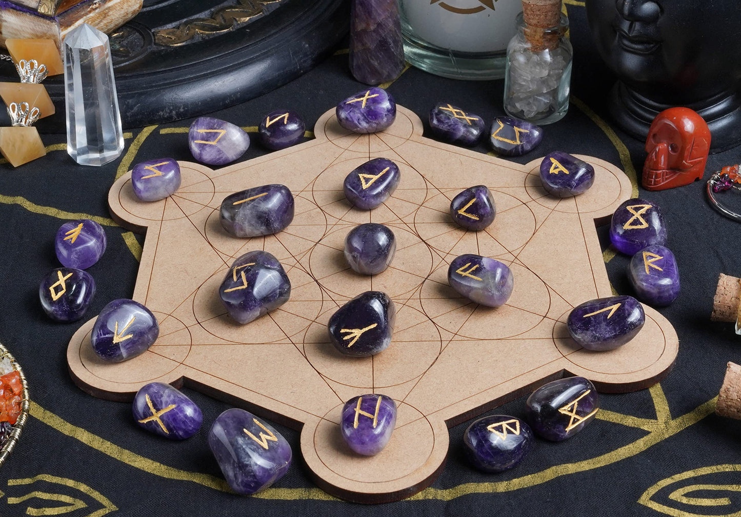 Crocon Amethyst Gemstone Rune Stones Set with Elder Futhark Alphabet Engraved Symbol 25 pcs Set for Feng Shui Chakra Balancing Reiki Healing Crystal Runes Stones Set Size: 15-20 mm