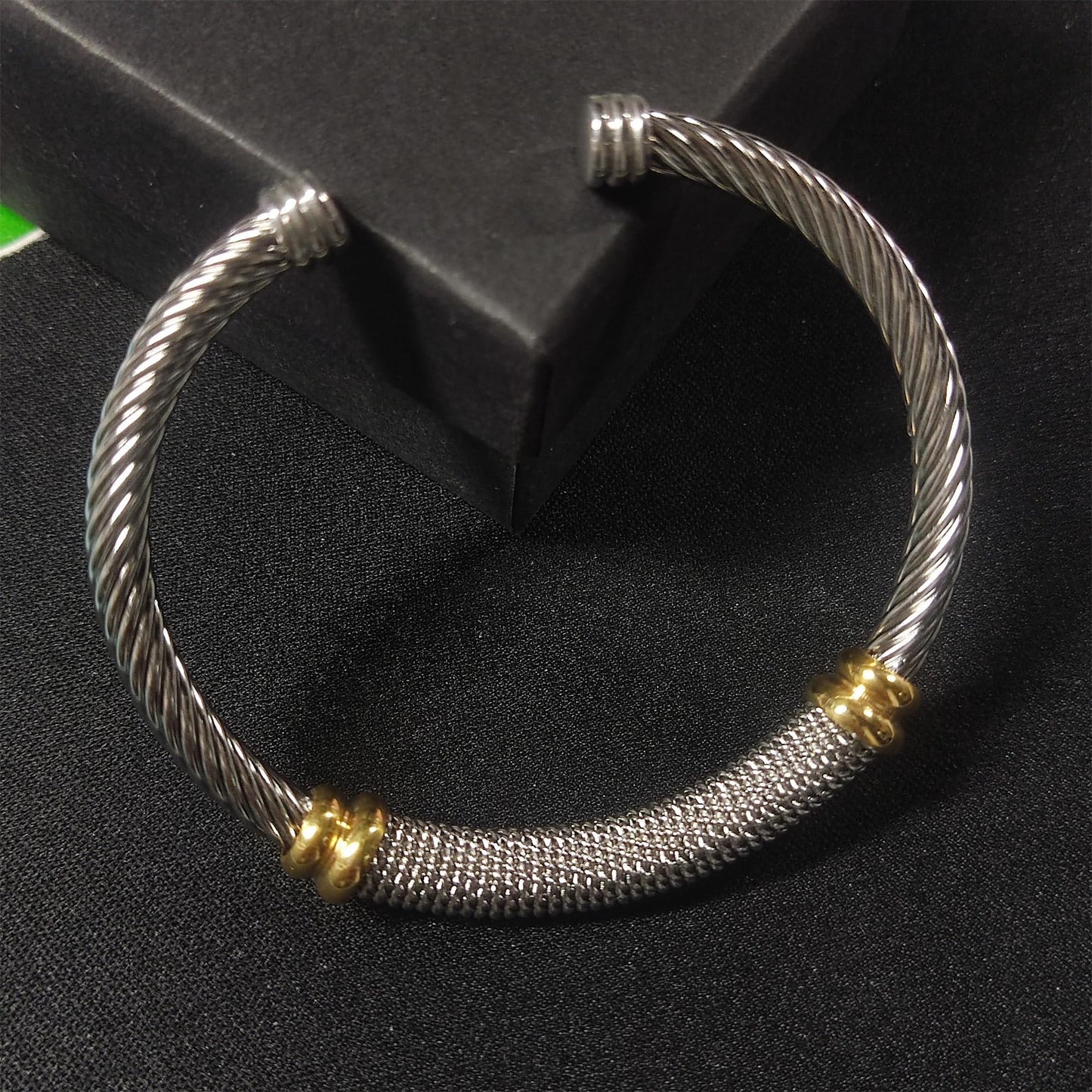 MENGSHA Punk Silver & Gold Twisted Cable Cuff Bracelet for Men/Women Durable Stainless Steel Chunky Bangle Bracelet Adjustable Opening,Daily Wear & Outdoor Adventure Unisex Jewelry Gift for Him/Her