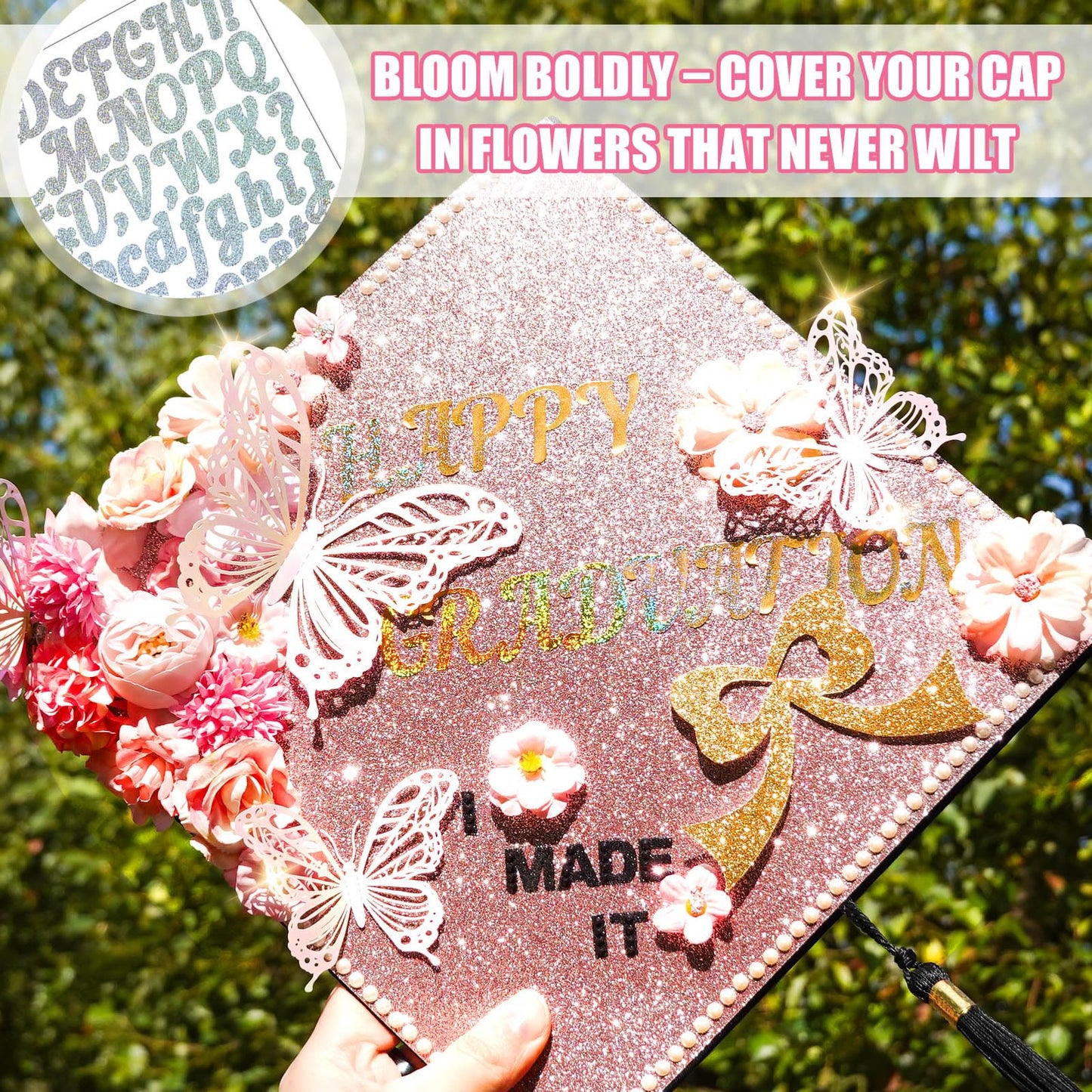 Graduation Cap Decorating Kit DIY Grad Cap Topper Crafts Glitter Cardstock Assorted Artificial Flowers Butterflies Rhinestones Alphabet Stickers Graduation Party Supplies (Pink)