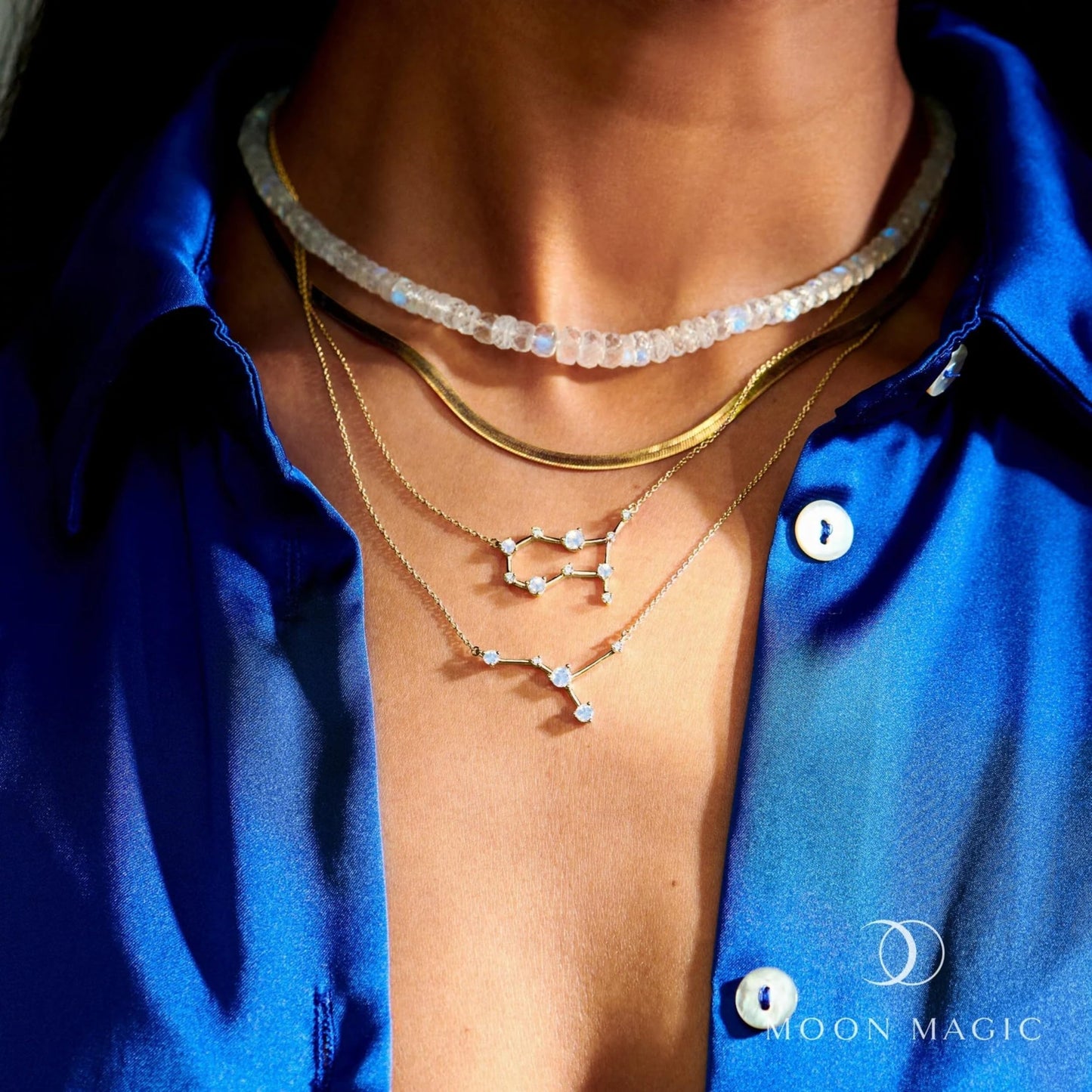 Moon Magic Moonstone Necklace - Cancer Zodiac Constellation / 925 Sterling Silver - 18k Rose Gold - Yellow Gold Rainbow Moonstone Necklaces for Women/Authentic Rainbow Crystal Jewelry