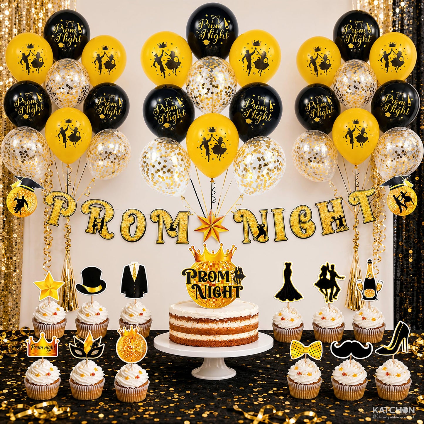 KatchOn, Prom Night Decorations 2026 - Black and Gold Balloons, Pack of 31 | Prom Night Banner, Latex Balloons and Cupcake Toppers | Black and Gold Prom Decorations, Prom Party Supplies