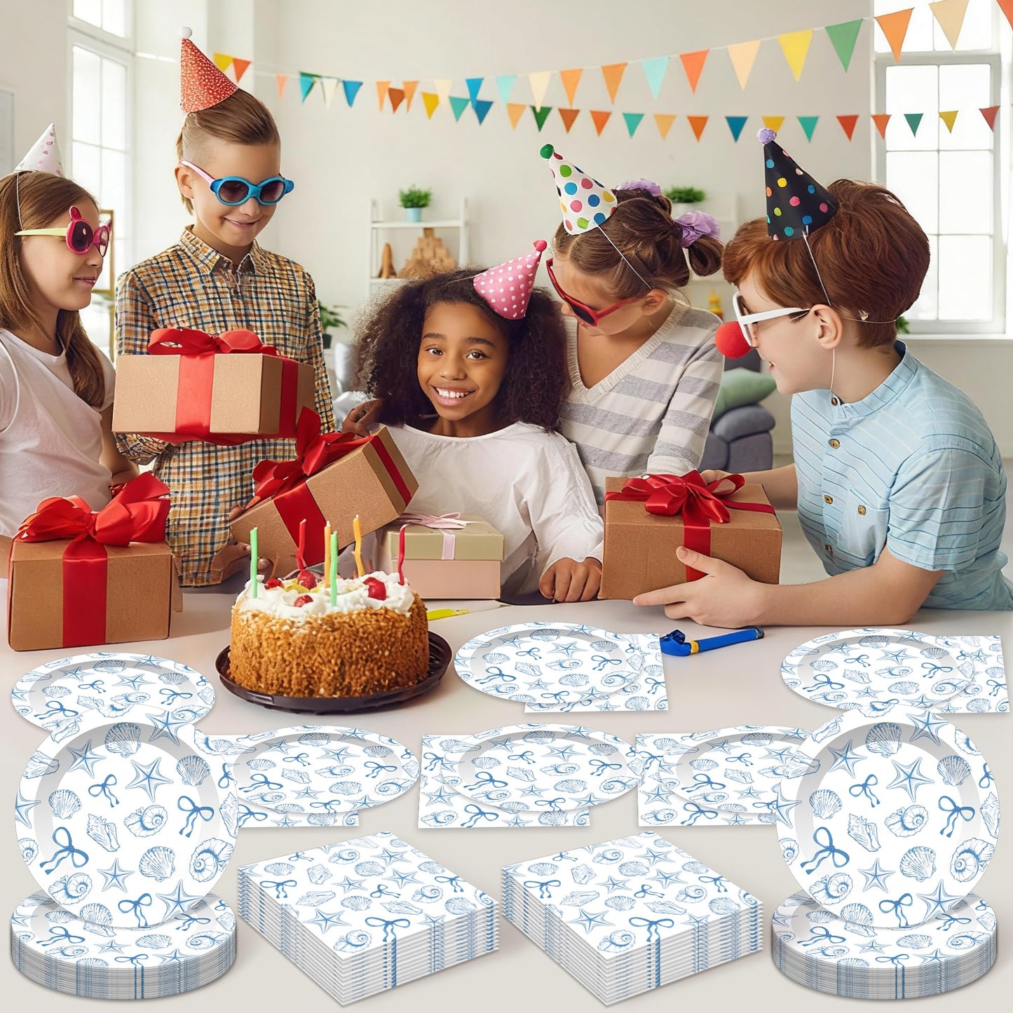 Jisfigtrh 60PCS Blue Bow Seashell Tableware Kit 7" Under The Sea Dinner Plates Ocean Dessert Plates Beach Starfish Seashell Party Supplies for Kids Girls Boys Birthday Graduation Events