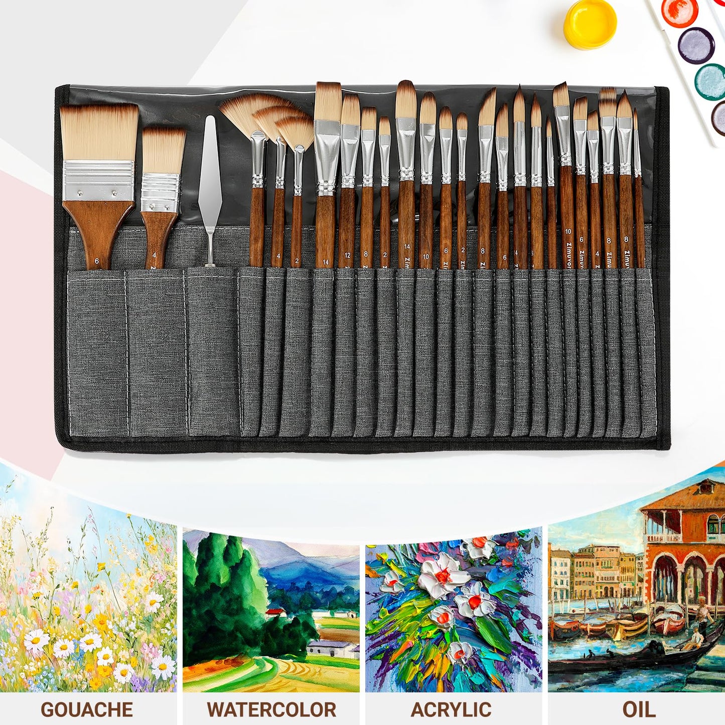 Zimuvora 25pcs Paint Brush Set, Professional Paint Brush Set with Cloth Roll and Paint Spatula, Nylon Brushes for Acrylic Painting,Watercolor,Oil,Gouache, Art Supplies for Beginners and Artists (Wood)