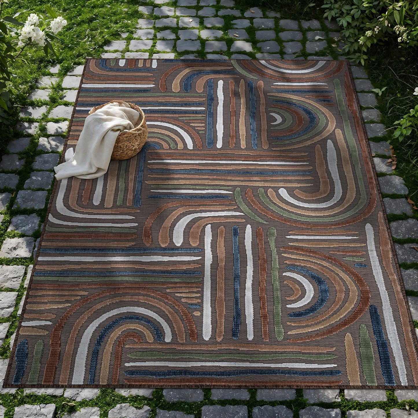 CAMILSON Indoor Outdoor Rug, Brown 5x7 Geometric Arch Striped Area Rugs for Patio and Home Areas, Easy-Cleaning Non-Shedding Living Room, Garden and Deck Washable Outside Carpet (5 x 7)