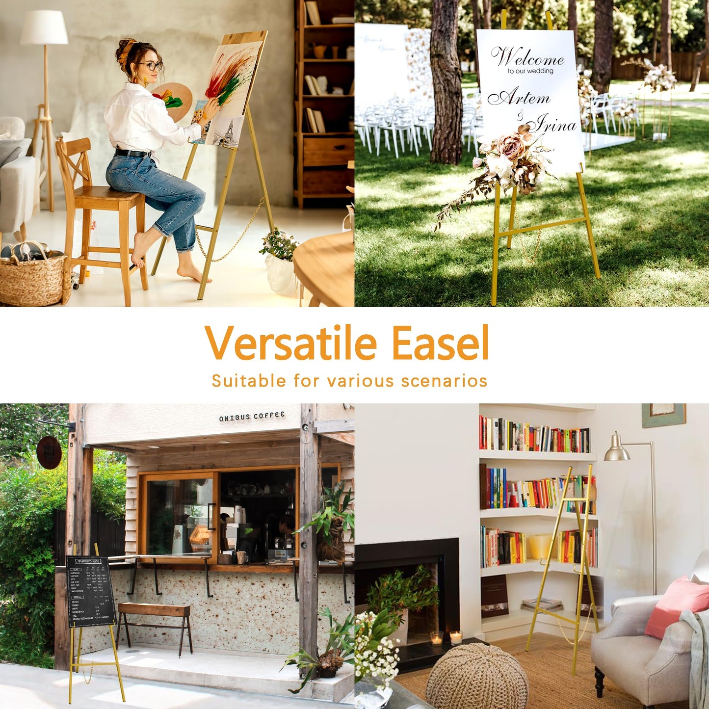 GALAGLAM Easel Stand for Signs, 57" Gold Easel Adjustable 4 Tier Floor with Chain Support, Metal Easels for Painting, Display Stand for Wedding Baby Showers Birthday Parties
