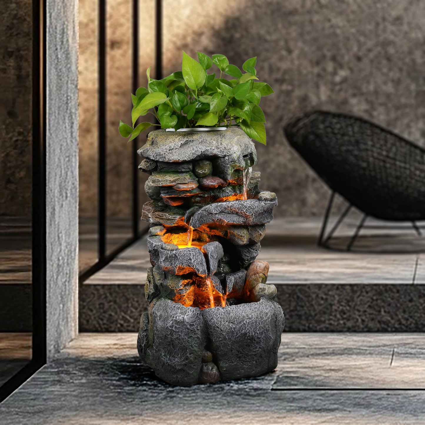 23" Tall Outdoor Water Fountain with Built-in Planter, 3-Tier Cascading Rock Waterfall with Warm LED Lights, Relaxing Zen Garden Fountain Decoration for Patio, Yard, Porch & Deck