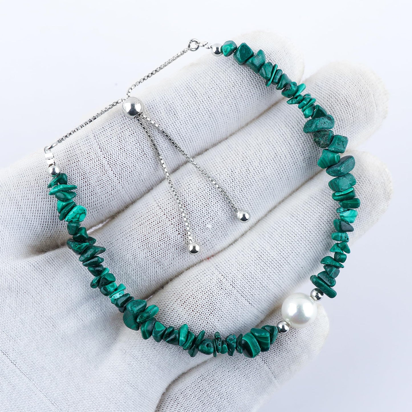 CRYSTALIS Natural Malachite Beads Slider Bolo Bracelet with Elegant Pearl, High Grade Nuggets Crystal, Chakra Healing Gemstone, Gift Giving Women Jewelry, 925 Sterling Silver Slider 10 inch