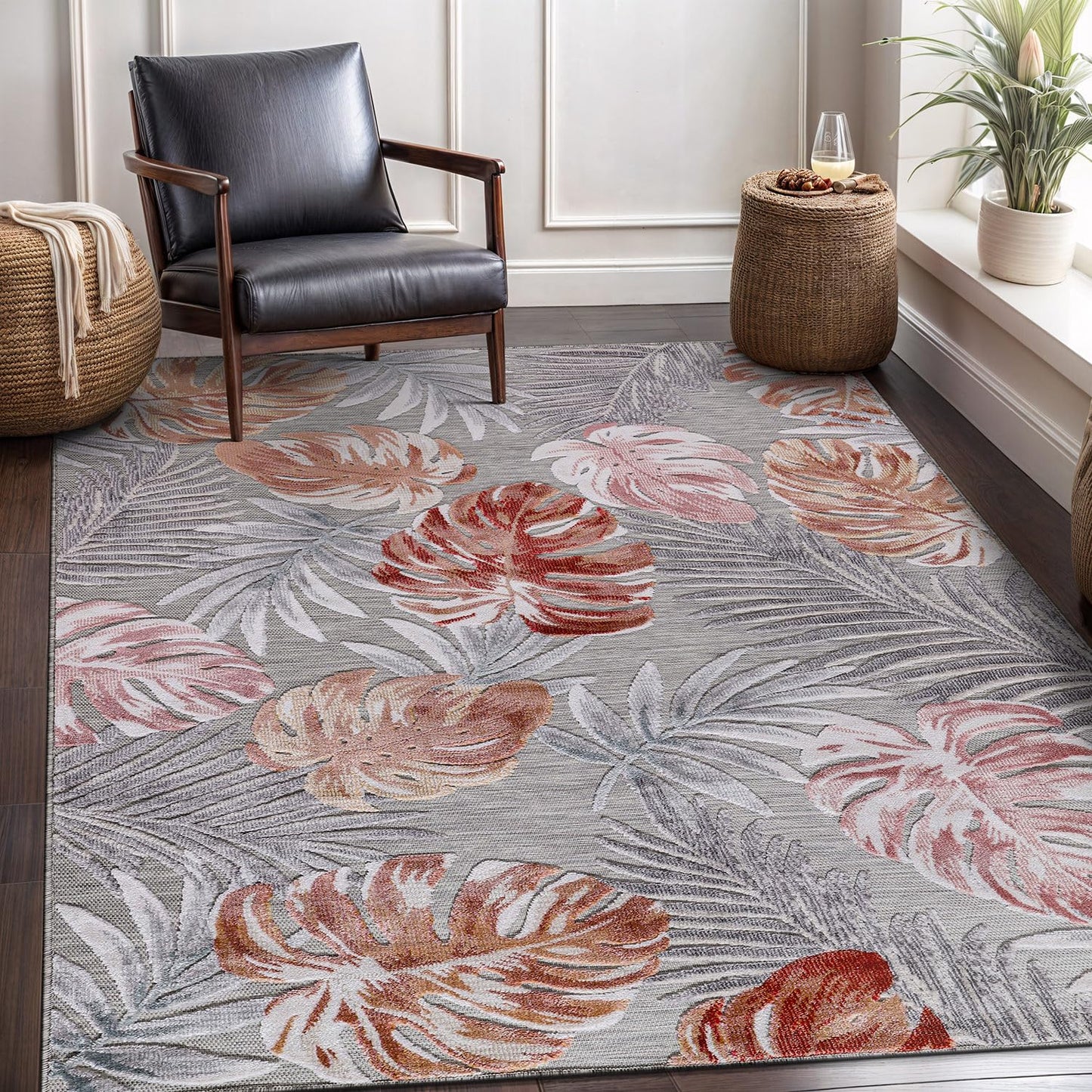 CAMILSON Indoor Outdoor Rug, Multi 7’10”x10’ Leaf Tropical Botanical Area Rugs for Indoor and Outdoor patios, Easy-Cleaning Non-Shedding Living Room, Garden and Kitchen Washable Outside Carpet (8x10)