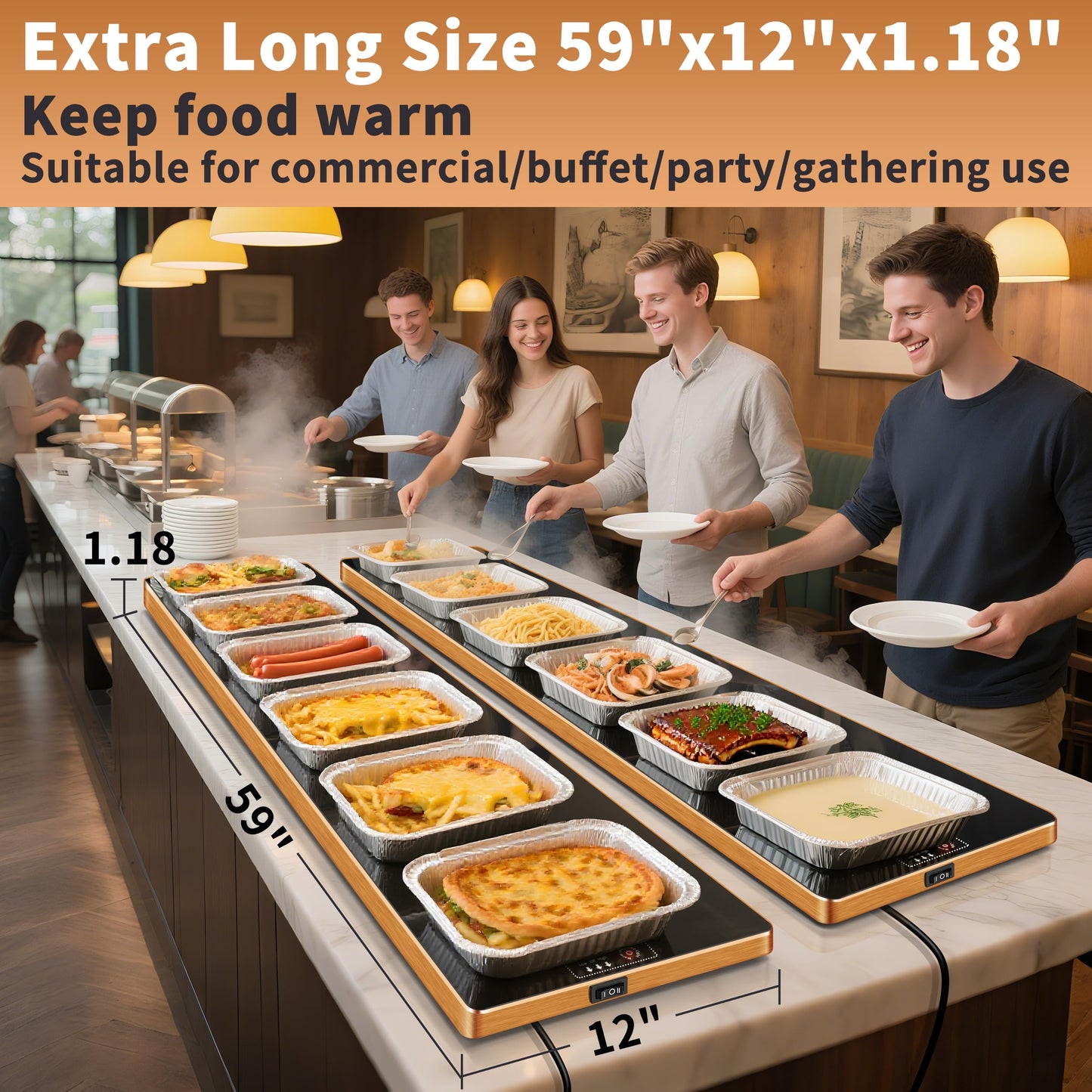 Electric Warming Tray (Extra Long 59”x12”),Commercial Food Warmers for Parties Buffet & Gathering, Warming Mat for Food with Thermostat, Tempered Glass Food Warming Mat with Adjustable Temperature