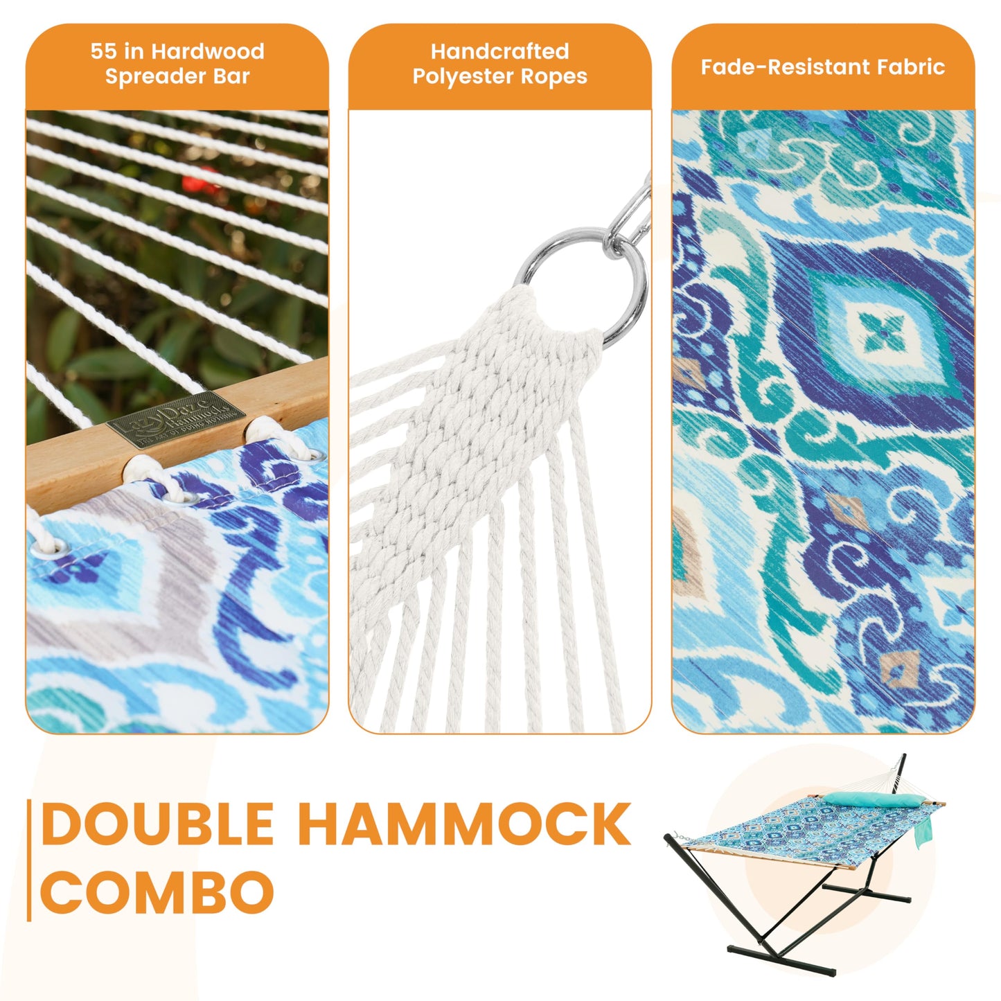 Lazy Daze Hammocks 2 Person Portable Hammock with 12FT Stand for Outside, 10.5FT Quilted Double Hammock with Spreader Bar and Detachable Pillow, 450lbs Capacity for Outdoor Patio, Floral Auqa