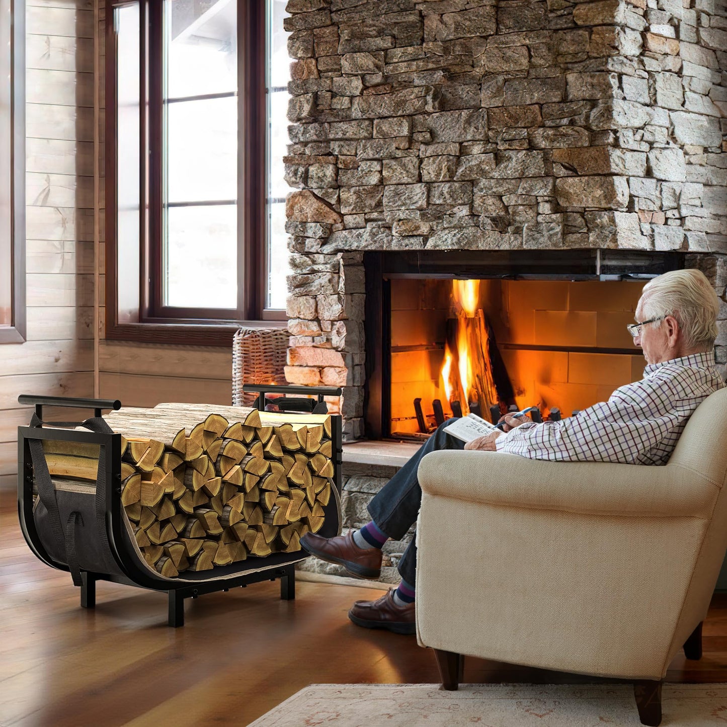 nalone 30 Inch Firewood Rack with Carrier Bag, Wood Rack for Outdoor Patio and Indoor Fireplace, Metal Wood Storage Log Holder for Outside Patio Deck