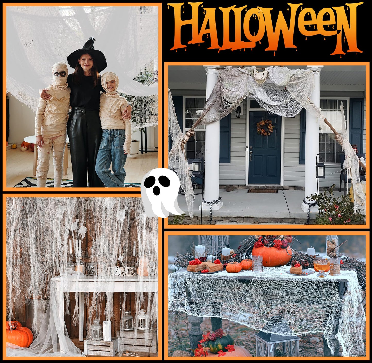 400" x 85" Halloween Creepy Cloth - Large Size Spooky Fabric - Scary Gauze Blood Creepy Cloth for Haunted House, Party, Yard, Wall, Doorway, Outdoors Decoration (White)
