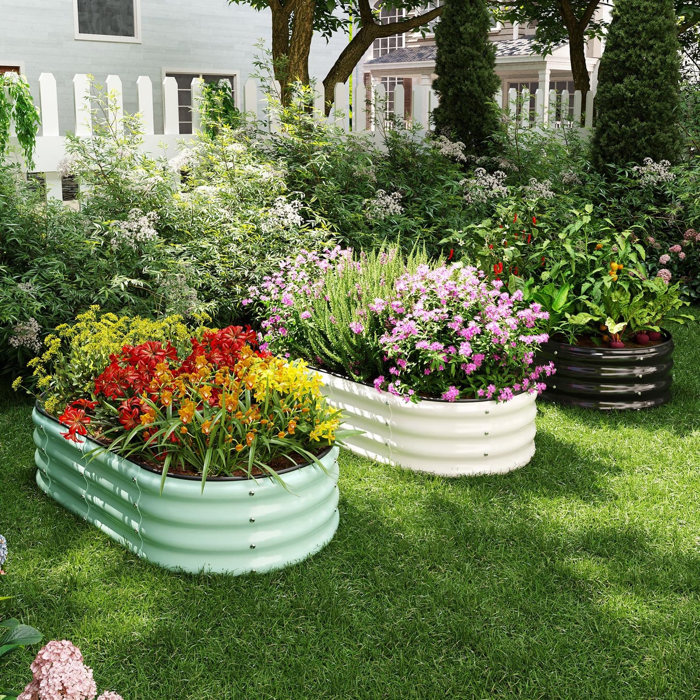 ZFHgarden Galvanized Metal Planter Round Raised Garden Bed Kit for Gardening Outdoor,2x2x1ft Grow Garden Box Raised Flower Bed,Round Galvanized Planter Outdoor Metal Fire Pit Ring White