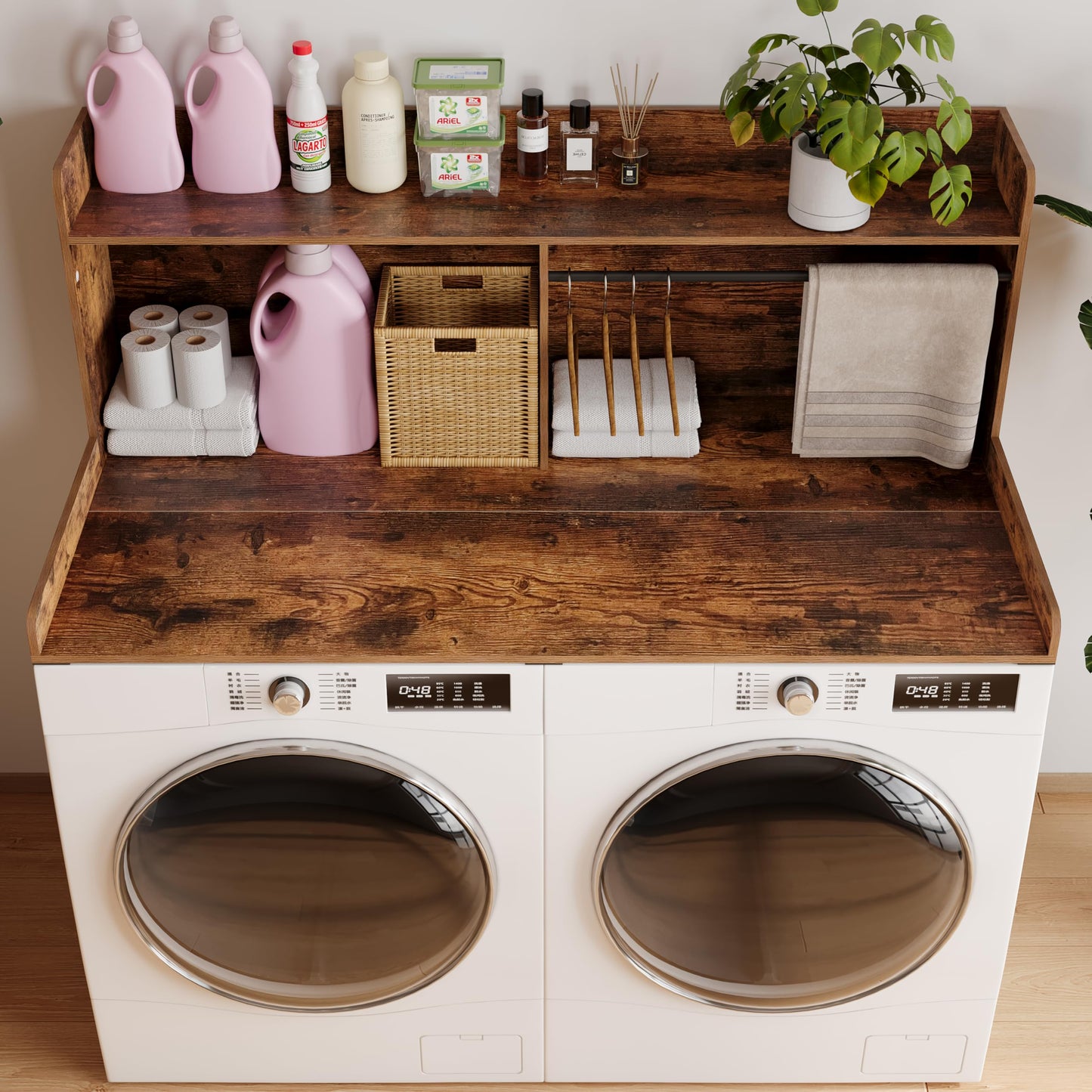 Unionly 2-Tier Washer Dryer Countertop with Clothes Rail,Laundry Topper with Edge and Non-Slip Pad for Washer and Dryer Laundry Hamper Counter Storage Organization (Rustic Brown, Full)