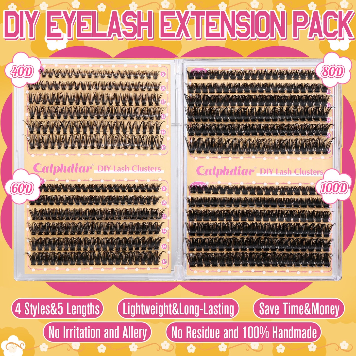 Calphdiar Lash Clusters 40D+60D+80D+100D Eyelash Clusters 474PCS Individual Lashes D Curl Cluster Eyelash Extensions 8-16MM Wispy Lashes Clusters Fluffy False Mink Eyelashes DIY Lash Extension at Home