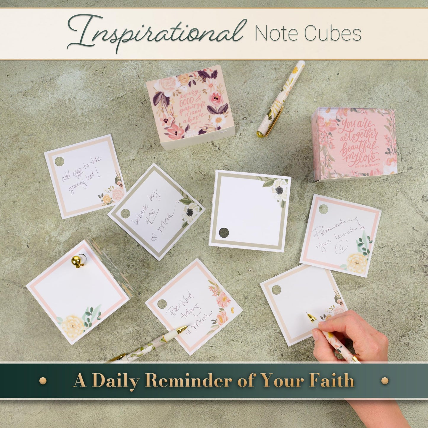 Christian Art Gifts Premium Inspiring Scripture Note Block Cube & Pen Set for Women: He Restores My Soul Encouraging Bible Verse, 750 Paper Sheets, Home & Office, White/Pink/Green Multicolor Florals