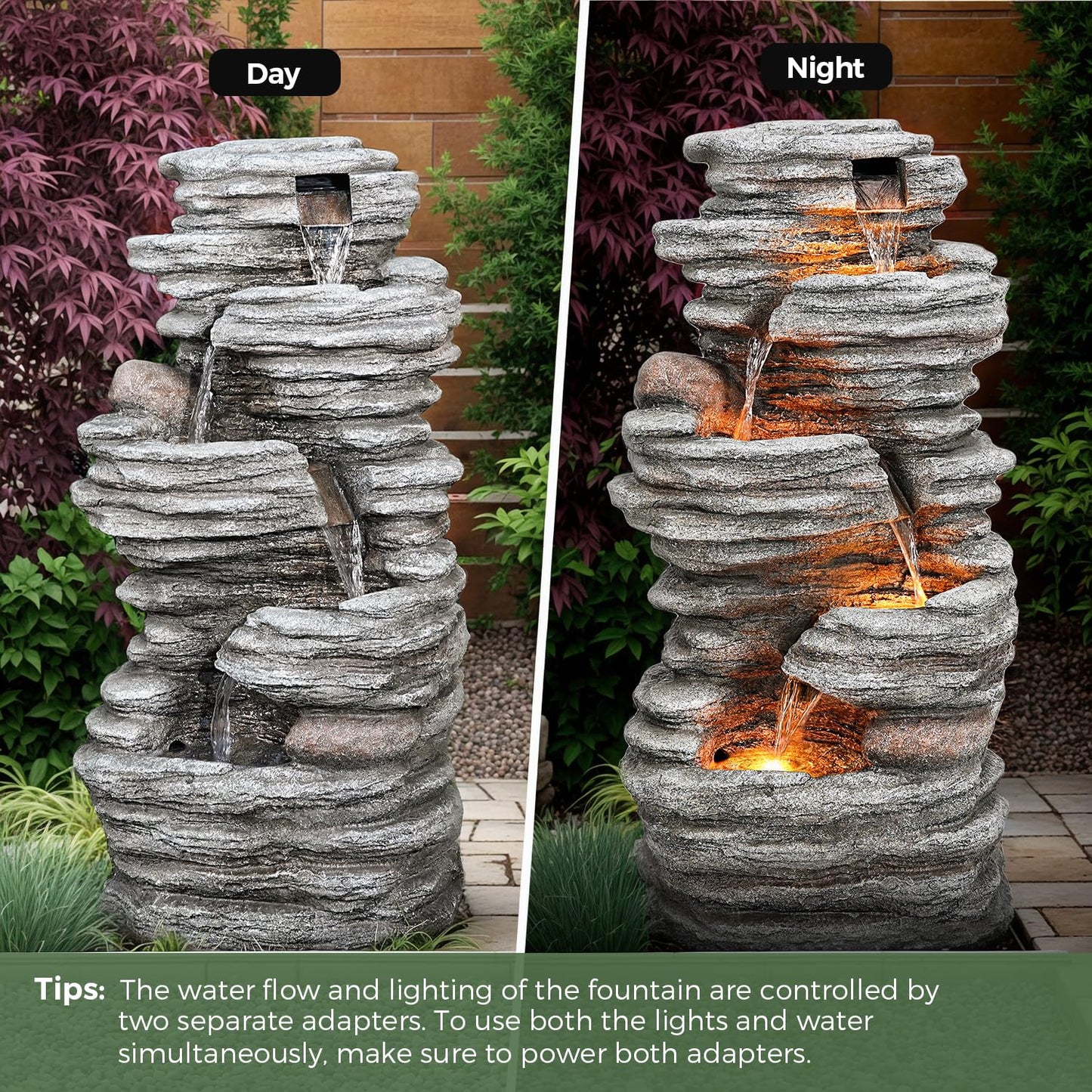 Jocoevol 40" Outdoor Water Fountain with LED Lights - 5-Tier Cascading Rock Waterfall Fountain, Natural Rock Look, Ideal for Garden, Landscaping, Patio, Balconies and Yard Decor