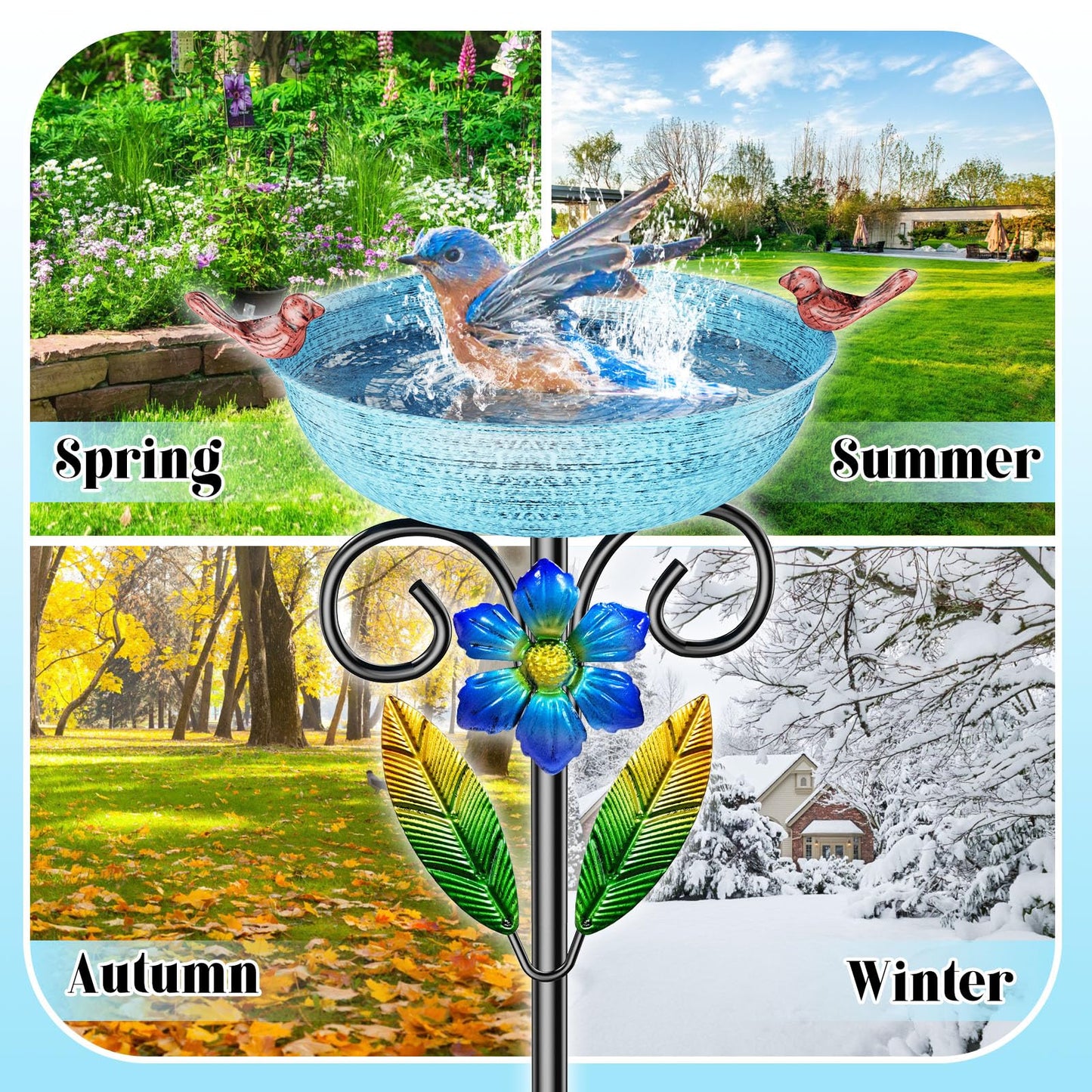 SHUONIVS Metal Bird Bath for Outside, Freestanding Birdbaths Detachable Decoration Spa Birdfeeder, Bird Baths Feeder Bowl for Outdoors Garden Patio Yard Lawn Decor (Blue+Flower)