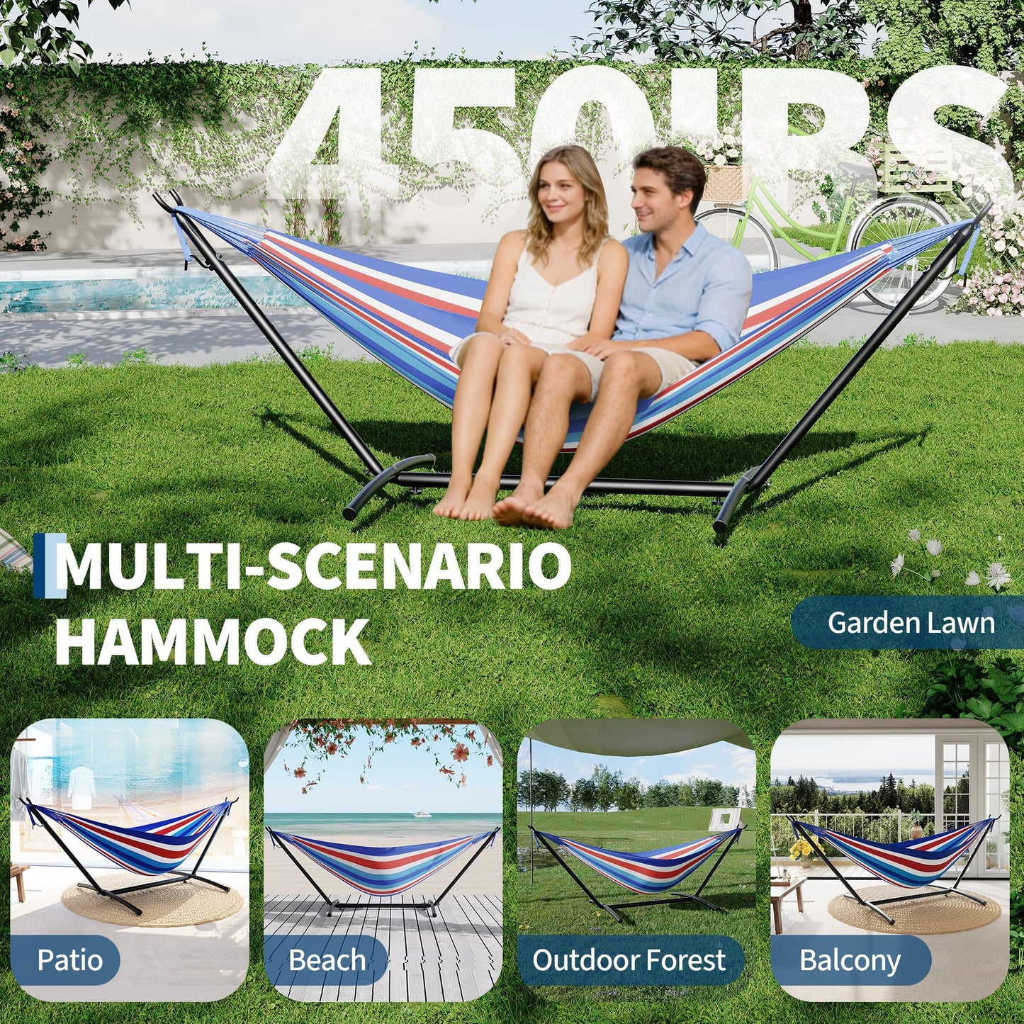 Double Hammocks with Stand for Outside, Portable Space Saving Heavy-Duty Steel Stand for Indoor Outdoor Patio with Carrying Bag, 450 lbs Capacity