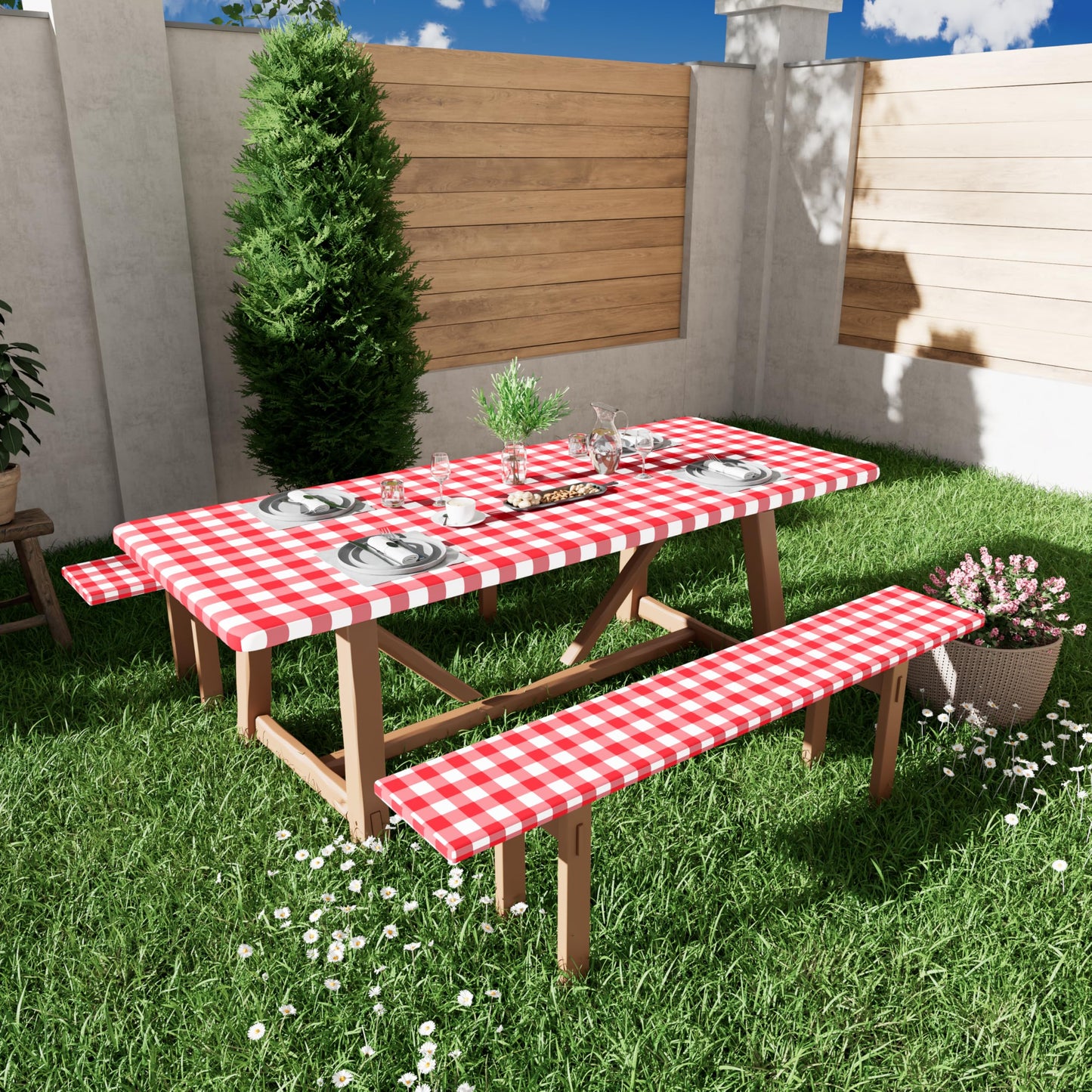 Smiry Picnic Table Cover with Bench Covers, Waterproof Elastic Fitted Tablecloths for 6 Foot Rectangle Tables, Washable Buffalo Plaid Tablecloth for Camping & Christmas(Red & White, 30"x72")