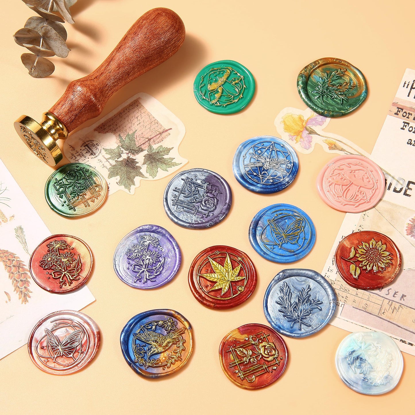 Comealltime 6pcs Wax Seal Stamp Set with Gift Box, Sealing Copper Stamps + 1 Wooden Handle, Sealing Stamp Kit (Rose,Wheat,Sunflower,Daisy,Mushroom,Maple) for Birthday Wedding Cards Envelopes (Plant)