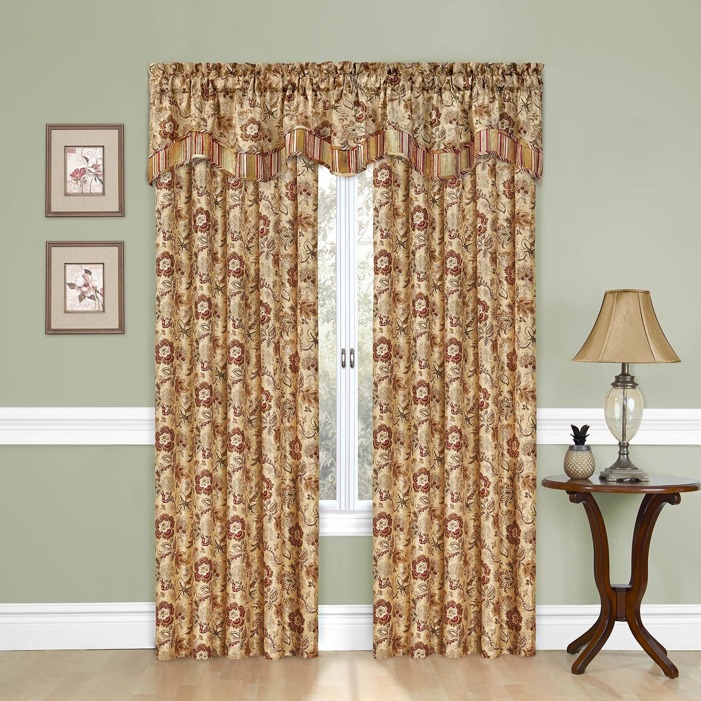Waverly Traditions Navarra Farmhouse Scalloped Rod Pocket Valance for Windows in Bedroom, Kitchen, or Living Room, 52" x 16", Antique