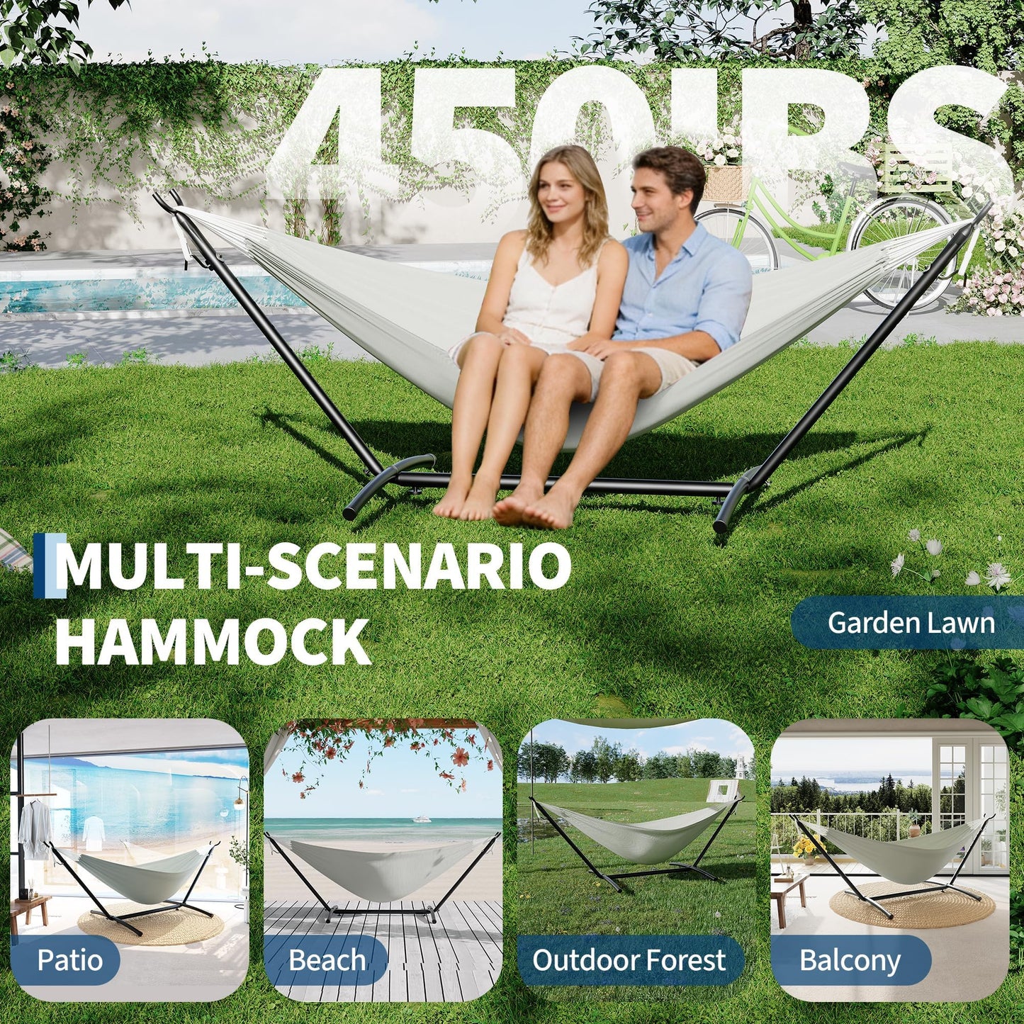 Garvee 2 Person Hammocks with Stand for Outside, Double Hammocks Portable Space Saving Heavy-Duty Steel Stand for Indoor Outdoor Patio with Carrying Bag, 450 lbs Capacity