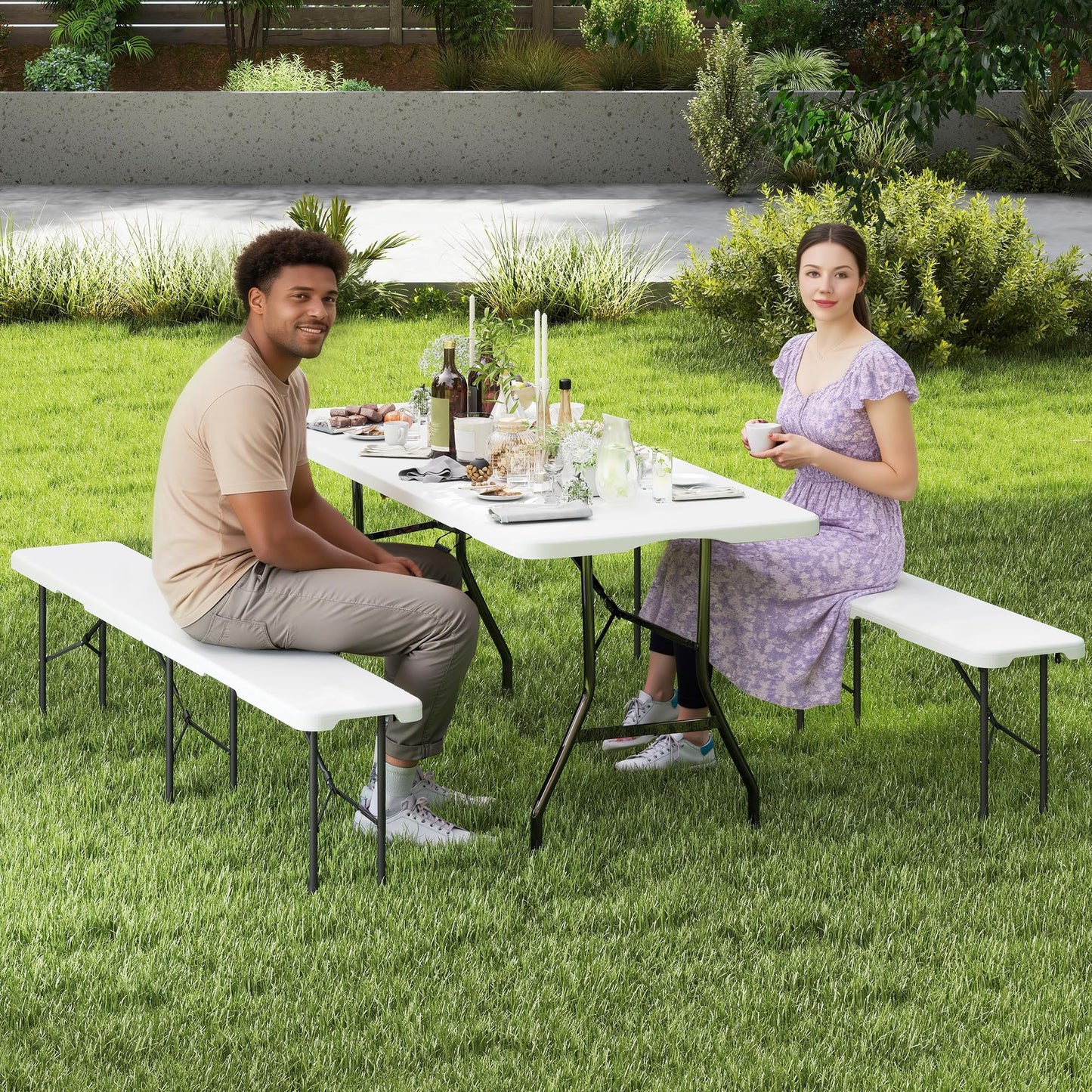 Winlice 6 FT White Picnic Folding Table Set with 2 Benches, Portable Patio Dining Sets for Backyard, Lawn, Event, Party, Camping