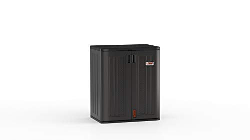 Suncast Heavy-Duty Resin Outdoor Storage Cabinet, 30" W x 20.25" D x 36" H Dark Grey Base Garage Storage Cabinet with Lockable Doors and Metal Reinforced Shelves, Made in The USA