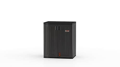 Suncast Heavy-Duty Resin Outdoor Storage Cabinet, 30" W x 20.25" D x 36" H Dark Grey Base Garage Storage Cabinet with Lockable Doors and Metal Reinforced Shelves, Made in The USA