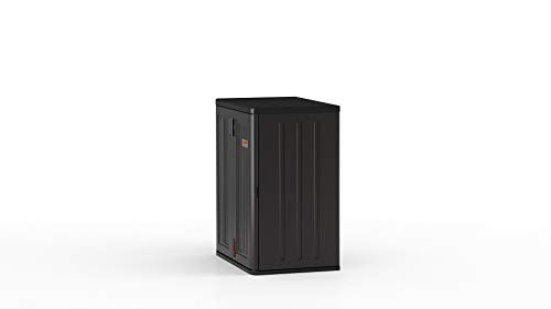 Suncast Heavy-Duty Resin Outdoor Storage Cabinet, 30" W x 20.25" D x 36" H Dark Grey Base Garage Storage Cabinet with Lockable Doors and Metal Reinforced Shelves, Made in The USA